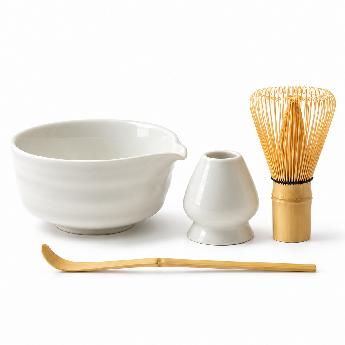 4-Piece Ribbed Matcha Set with Spouted Ceramic Bowl for Home Tea Rituals - Glossy White - main