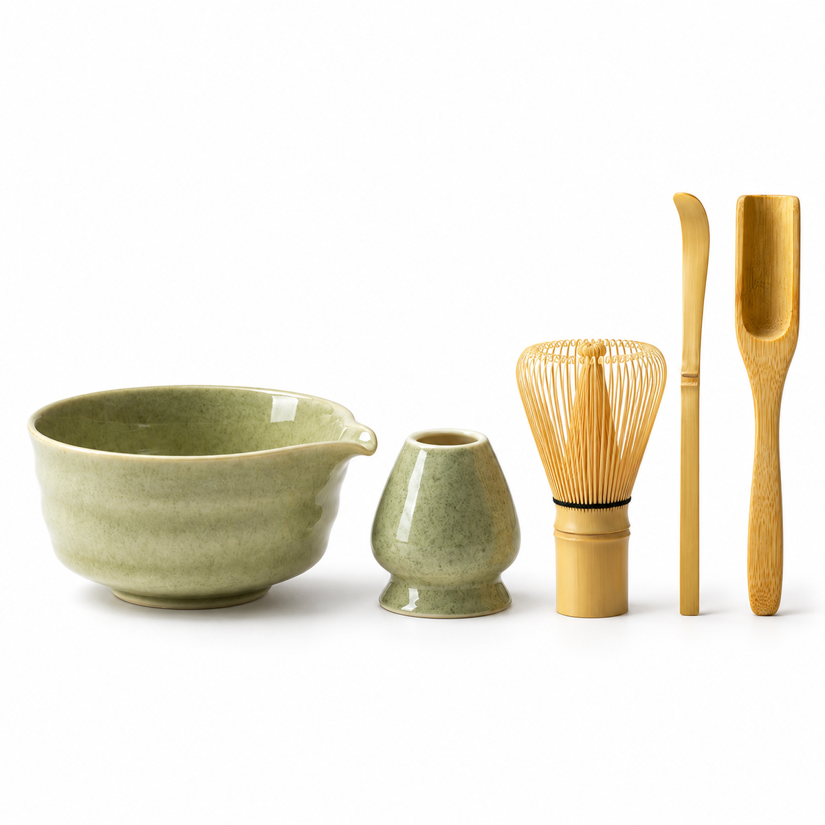 5-Piece Ribbed Matcha Set with Spouted Ceramic Bowl for Home Tea Rituals - Matcha Green - main