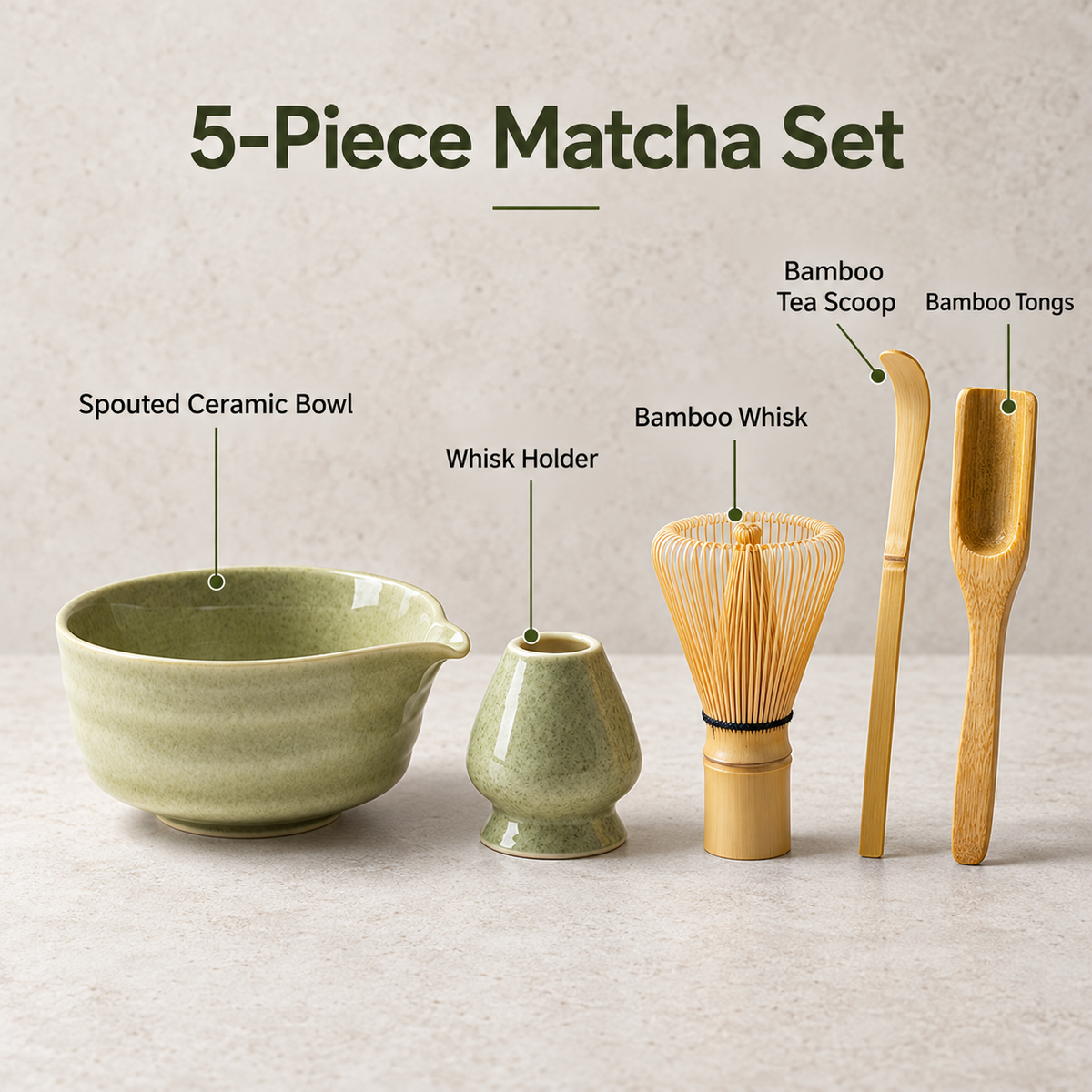 5-Piece Ribbed Matcha Set with Spouted Ceramic Bowl for Home Tea Rituals - Matcha Green - feature