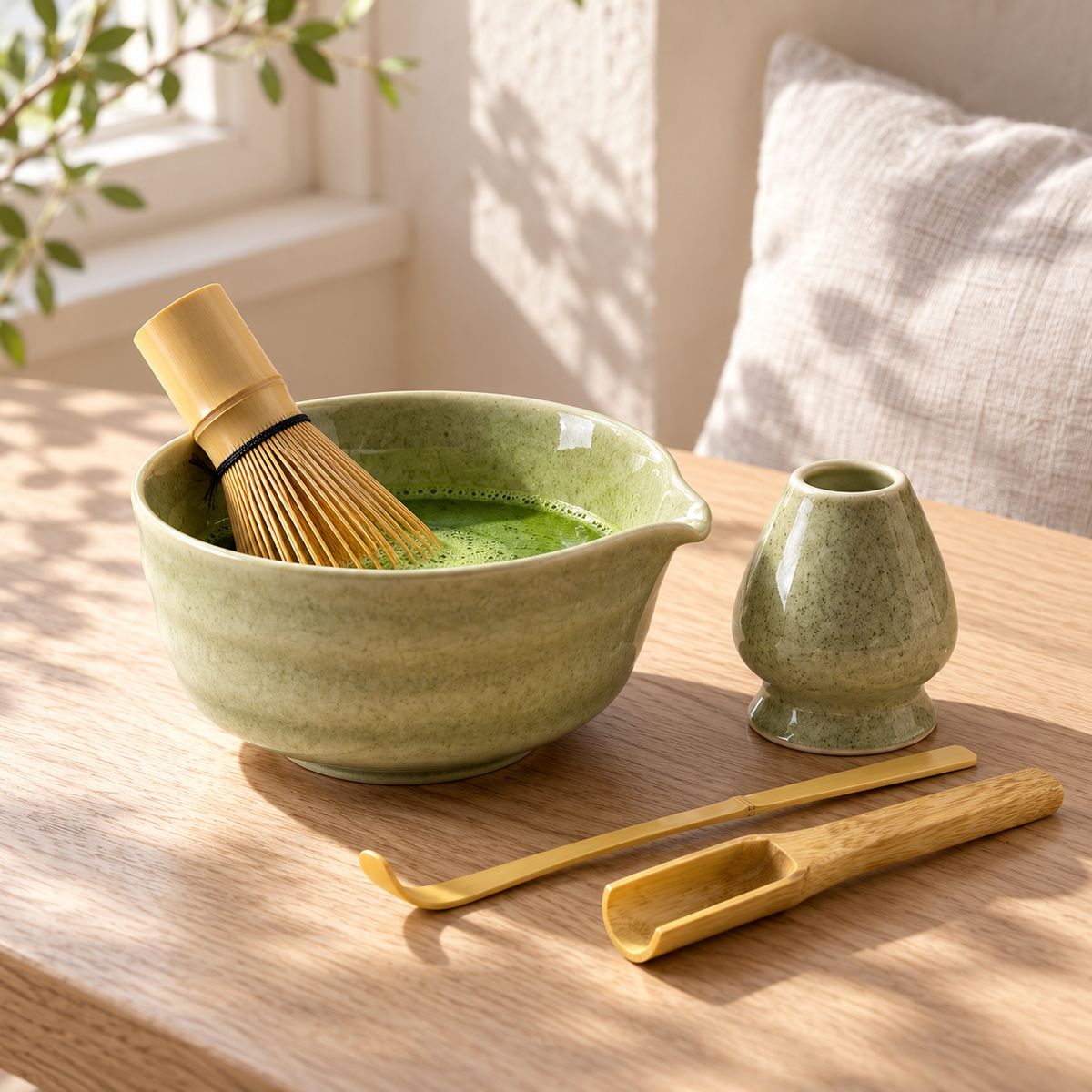 5-Piece Ribbed Matcha Set with Spouted Ceramic Bowl for Home Tea Rituals - Matcha Green - lifestyle