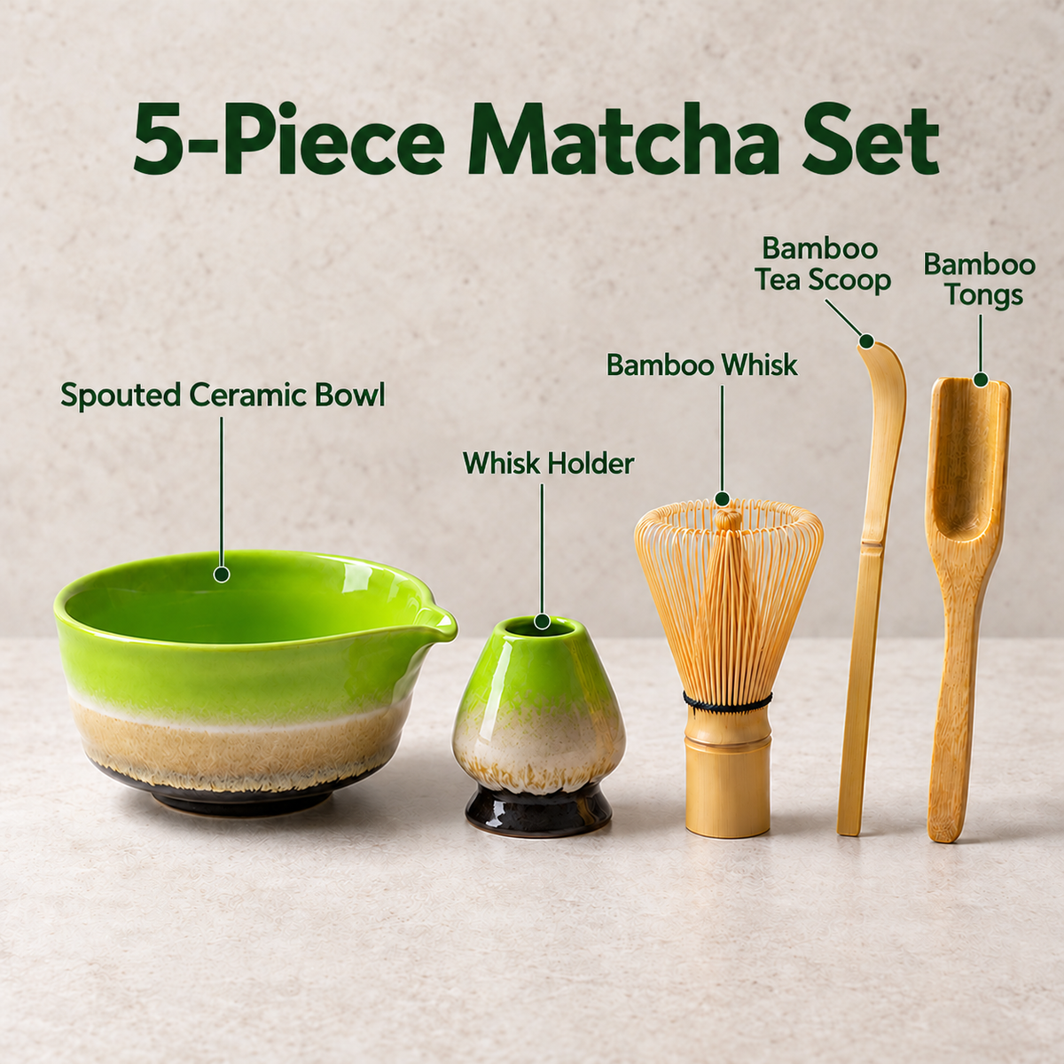 5-Piece Ribbed Matcha Set with Spouted Ceramic Bowl for Home Tea Rituals - Kiln-Glazed Green - feature