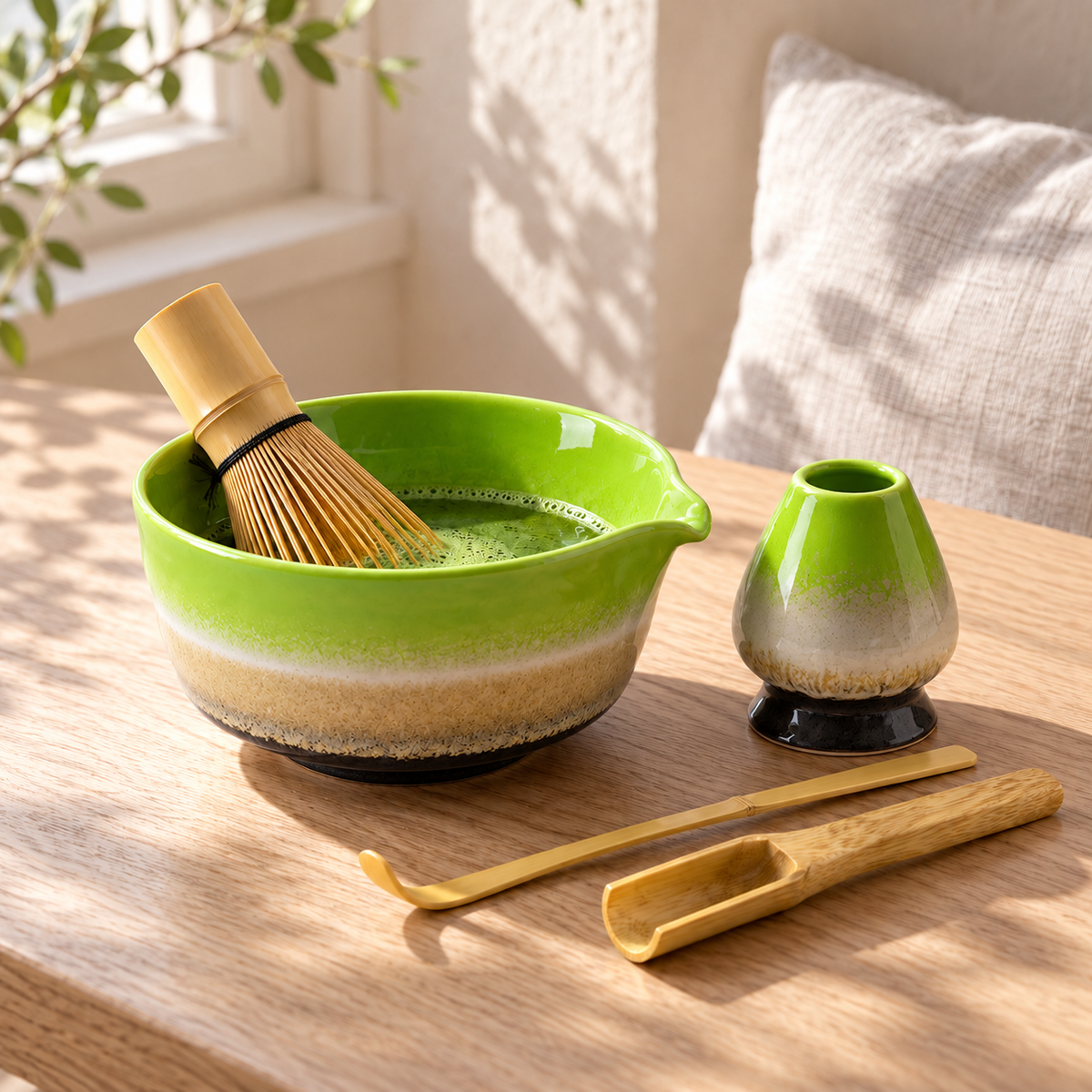 5-Piece Ribbed Matcha Set with Spouted Ceramic Bowl for Home Tea Rituals - Kiln-Glazed Green - lifestyle