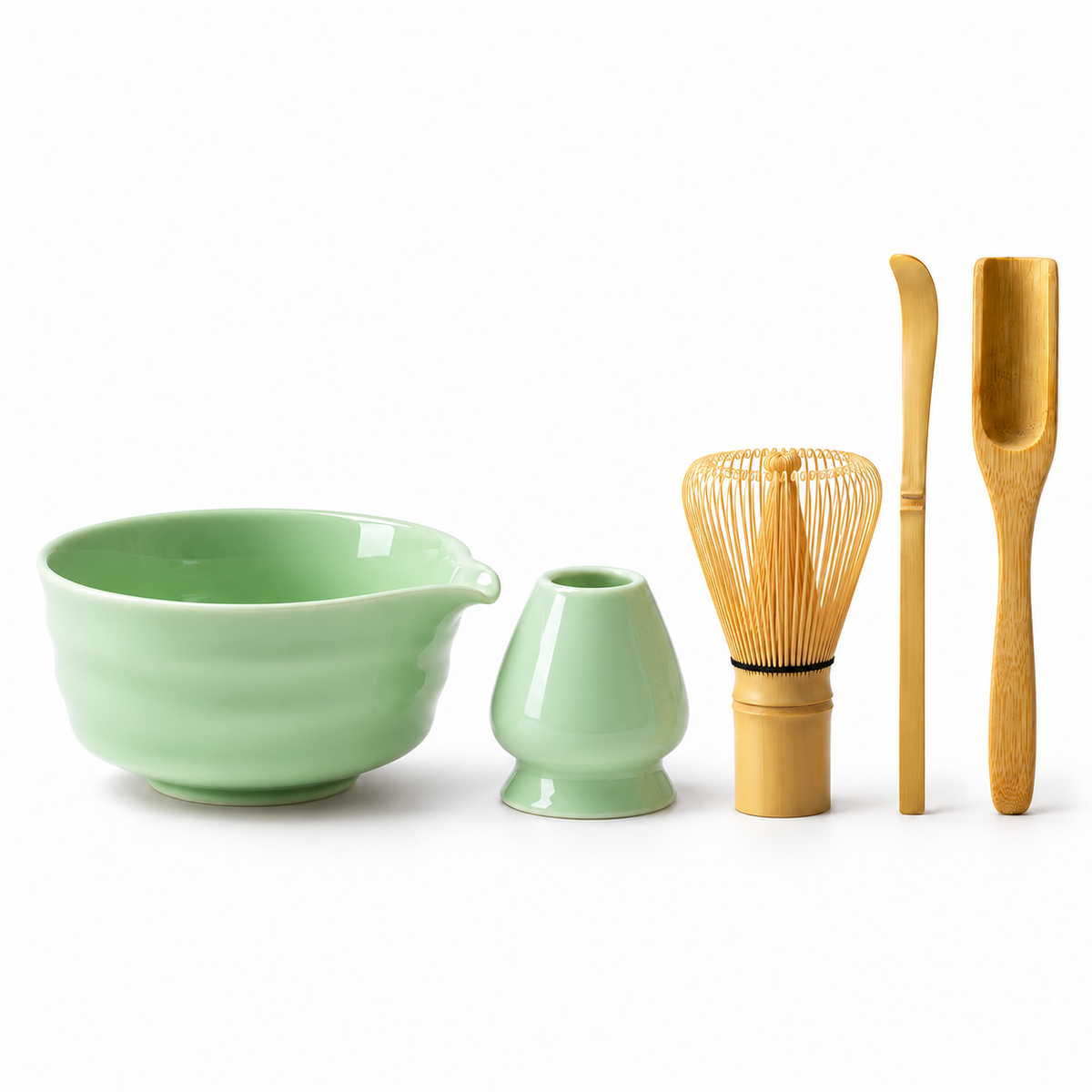 5-Piece Ribbed Matcha Set with Spouted Ceramic Bowl for Home Tea Rituals - Light Green - main