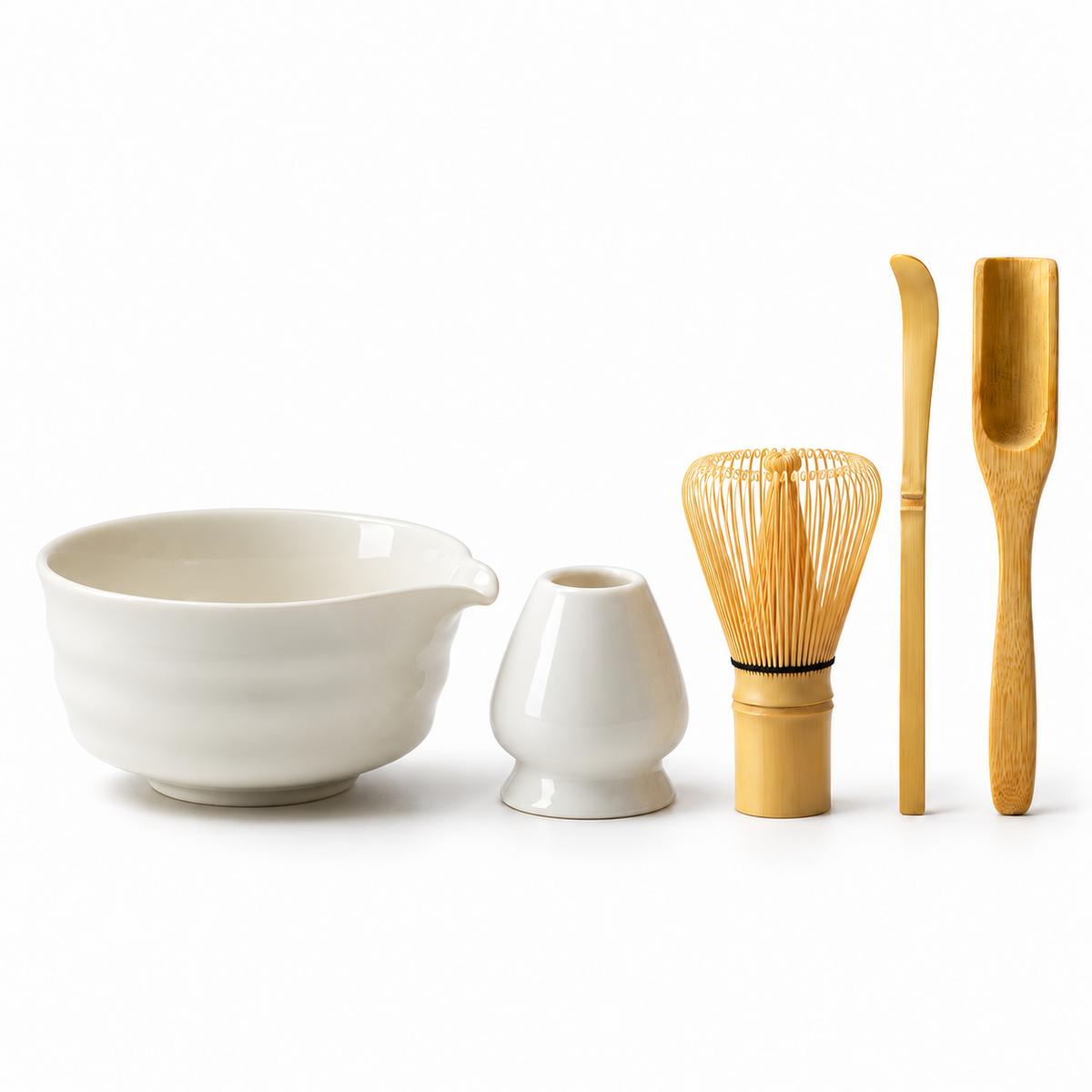 5-Piece Ribbed Matcha Set with Spouted Ceramic Bowl for Home Tea Rituals - Glossy White - main