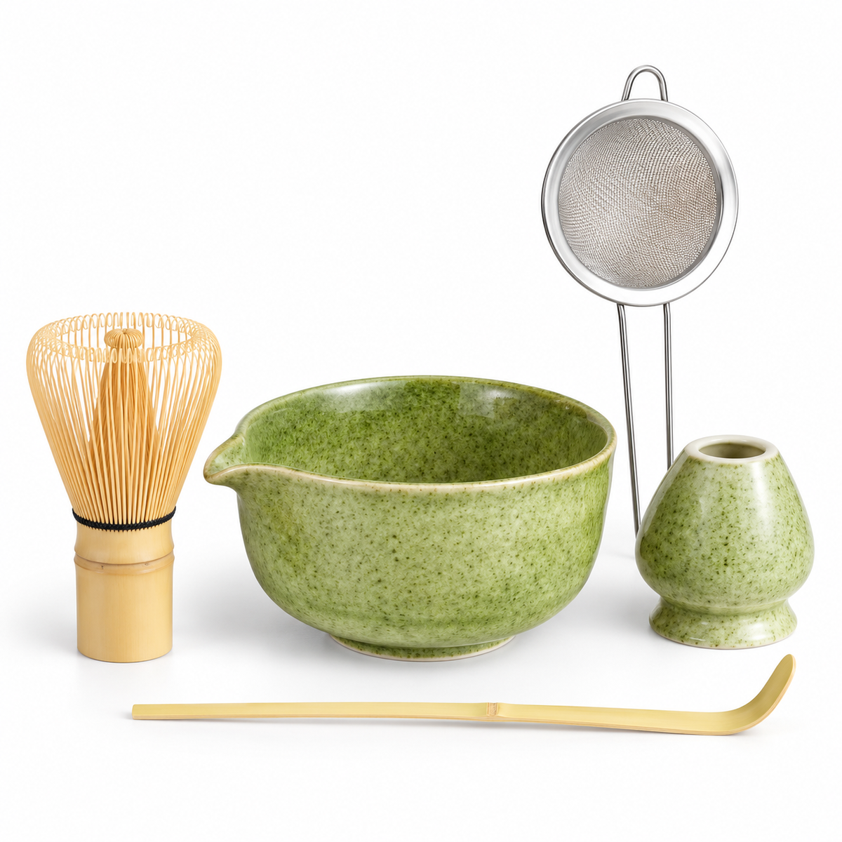 5-Piece Ribbed Matcha Set with Spouted Ceramic Bowl for Home Tea Rituals - Matcha Green - metal sieve configuration - main