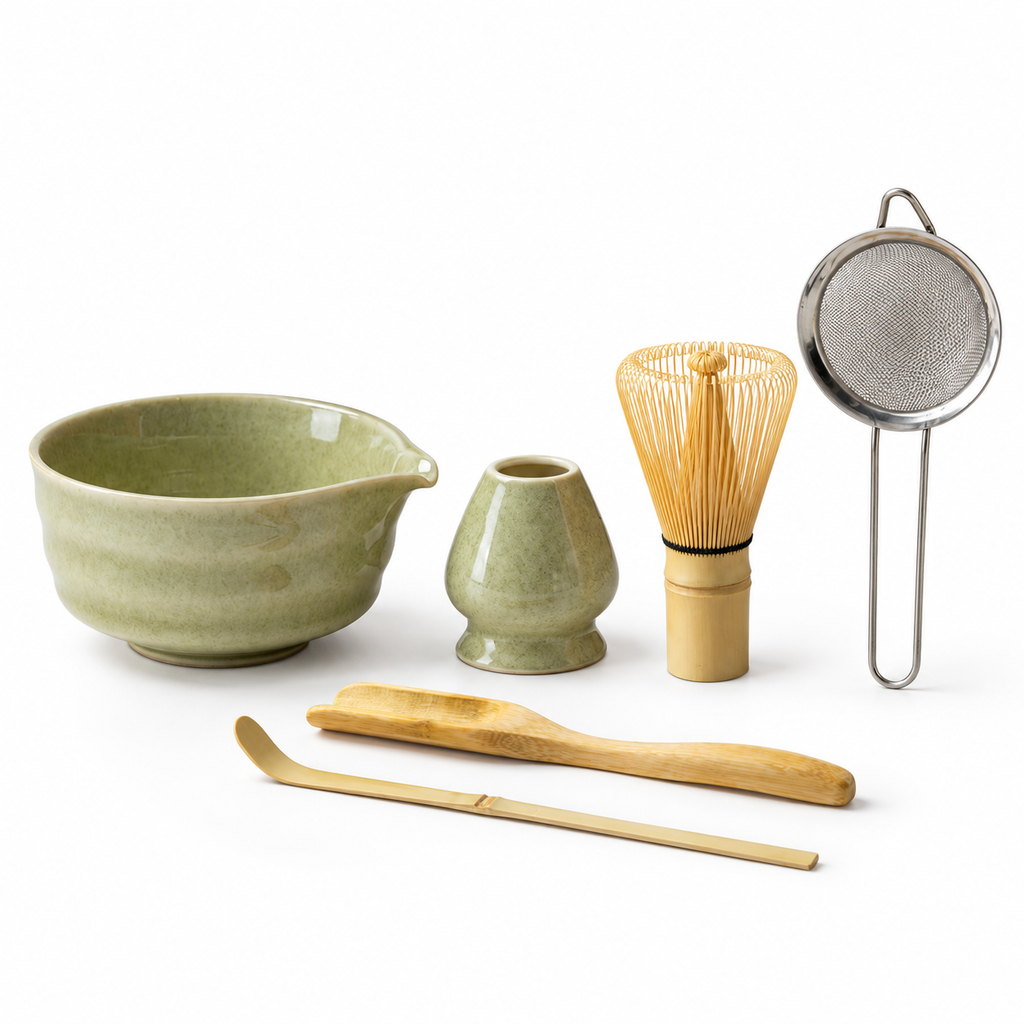 6-Piece Ribbed Matcha Set with Spouted Ceramic Bowl for Home Tea Rituals - Matcha Green - main