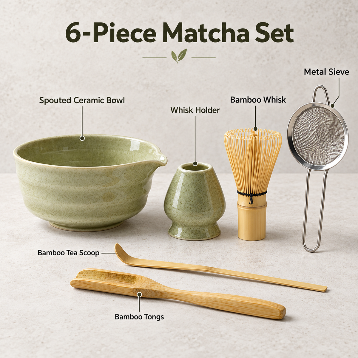 6-Piece Ribbed Matcha Set with Spouted Ceramic Bowl for Home Tea Rituals - Matcha Green - feature