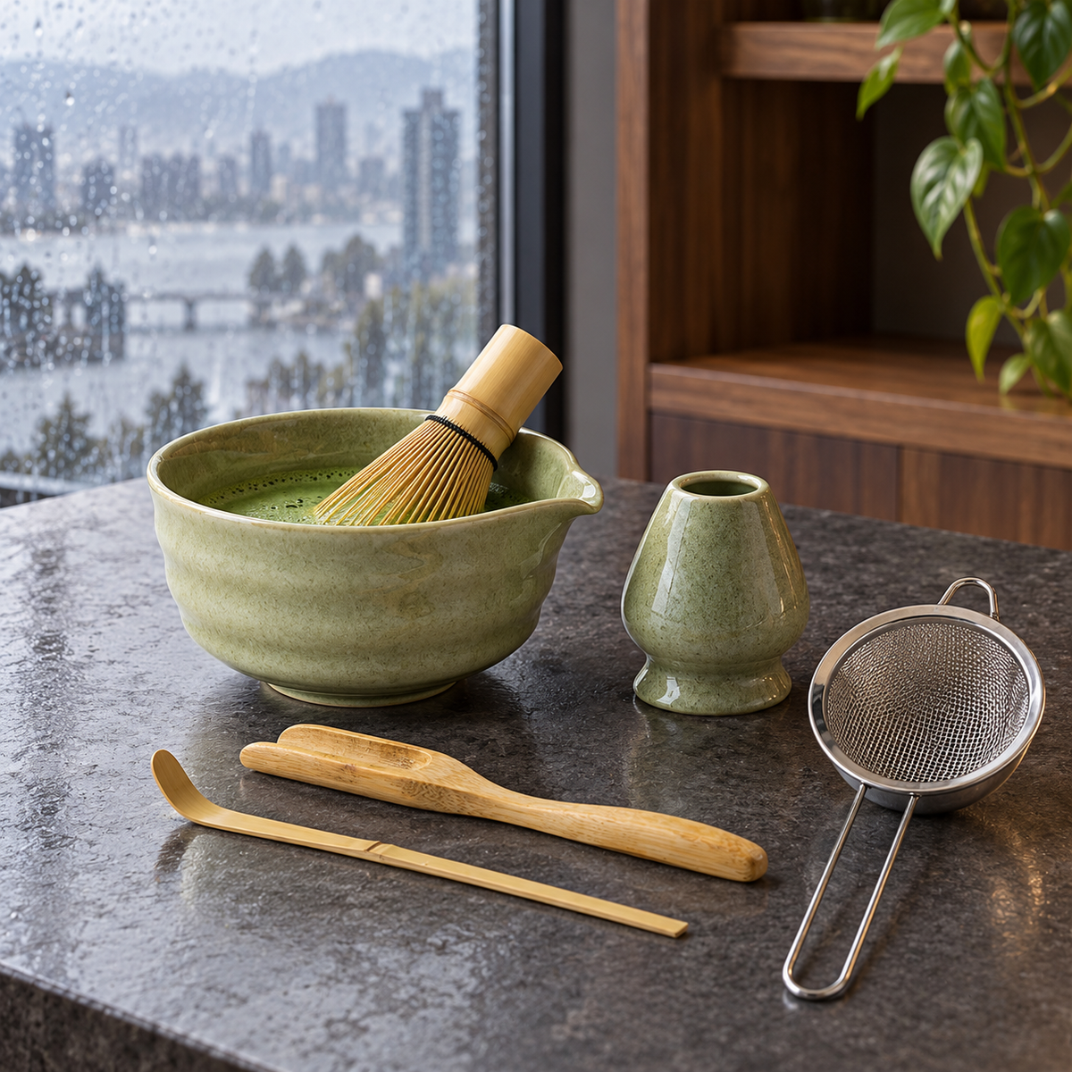 6-Piece Ribbed Matcha Set with Spouted Ceramic Bowl for Home Tea Rituals - Matcha Green - lifestyle