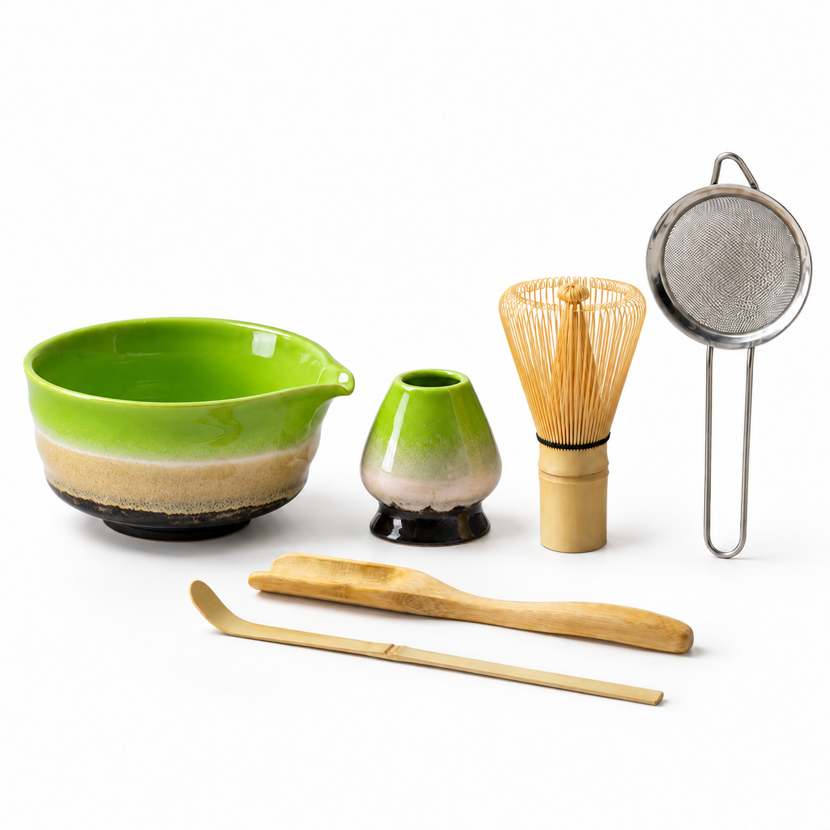 6-Piece Ribbed Matcha Set with Spouted Ceramic Bowl for Home Tea Rituals - Kiln-Glazed Green - main