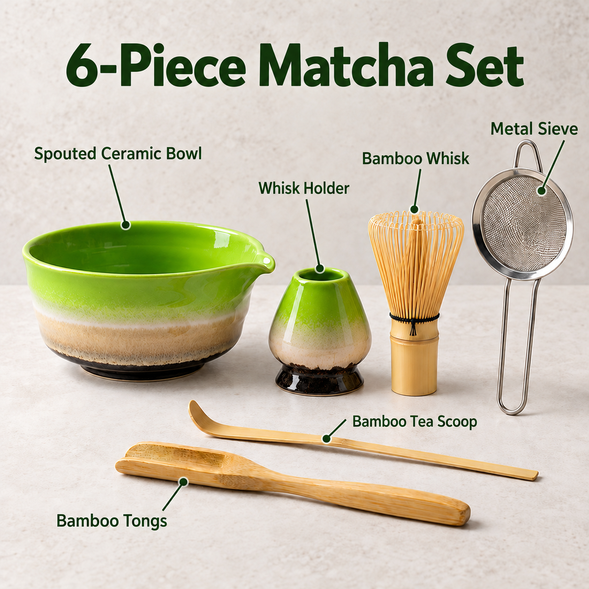 6-Piece Ribbed Matcha Set with Spouted Ceramic Bowl for Home Tea Rituals - Kiln-Glazed Green - feature