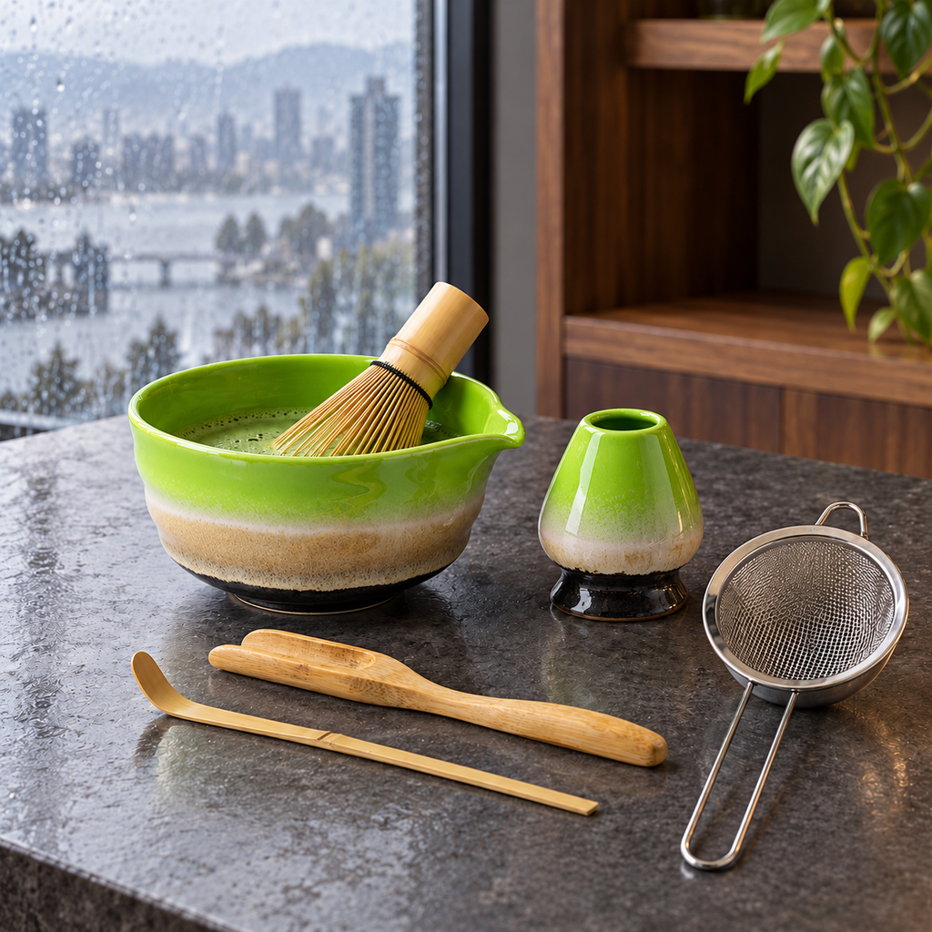 6-Piece Ribbed Matcha Set with Spouted Ceramic Bowl for Home Tea Rituals - Kiln-Glazed Green - lifestyle