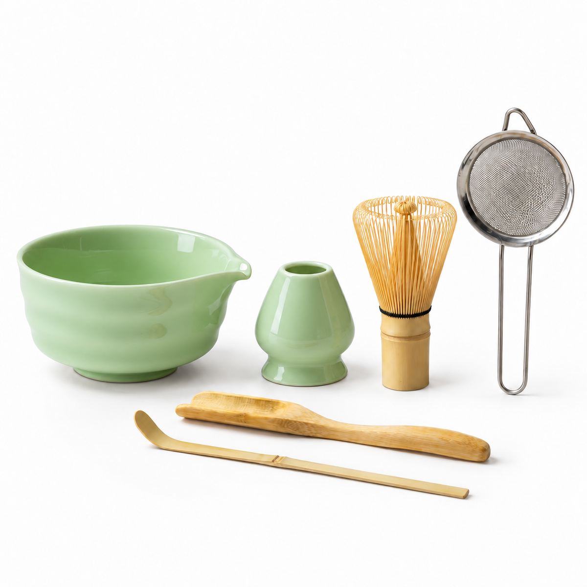 6-Piece Ribbed Matcha Set with Spouted Ceramic Bowl for Home Tea Rituals - Light Green - main