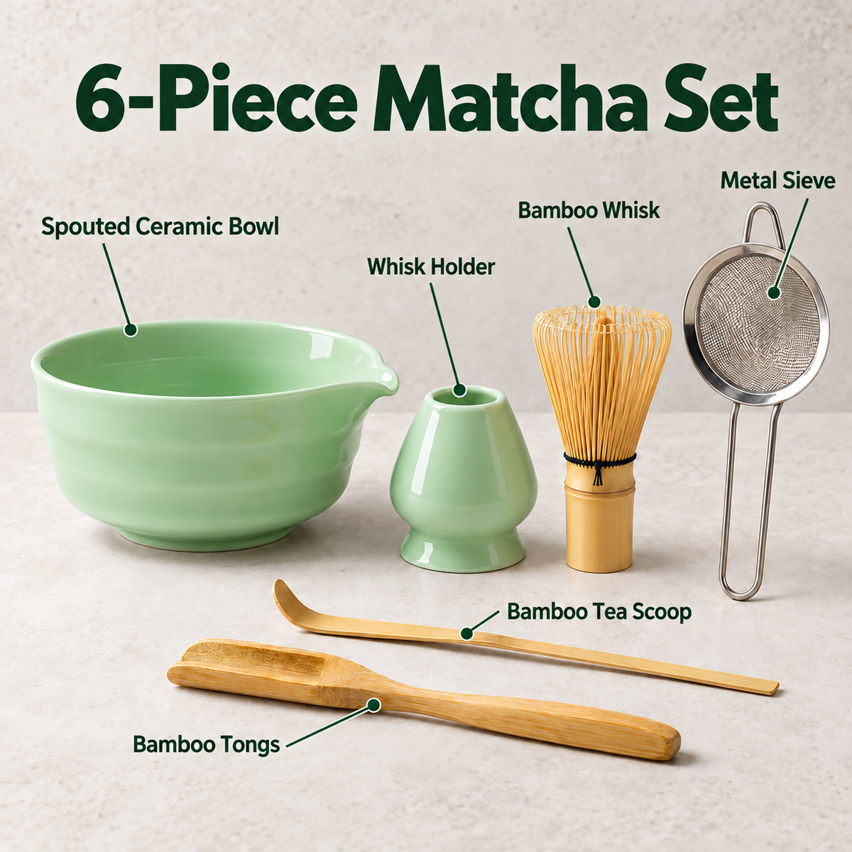 6-Piece Ribbed Matcha Set with Spouted Ceramic Bowl for Home Tea Rituals - Light Green - feature