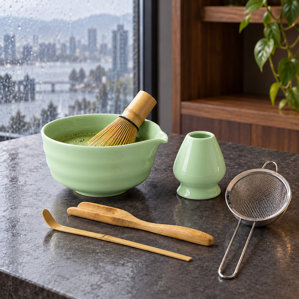 6-Piece Ribbed Matcha Set with Spouted Ceramic Bowl for Home Tea Rituals - Light Green - lifestyle