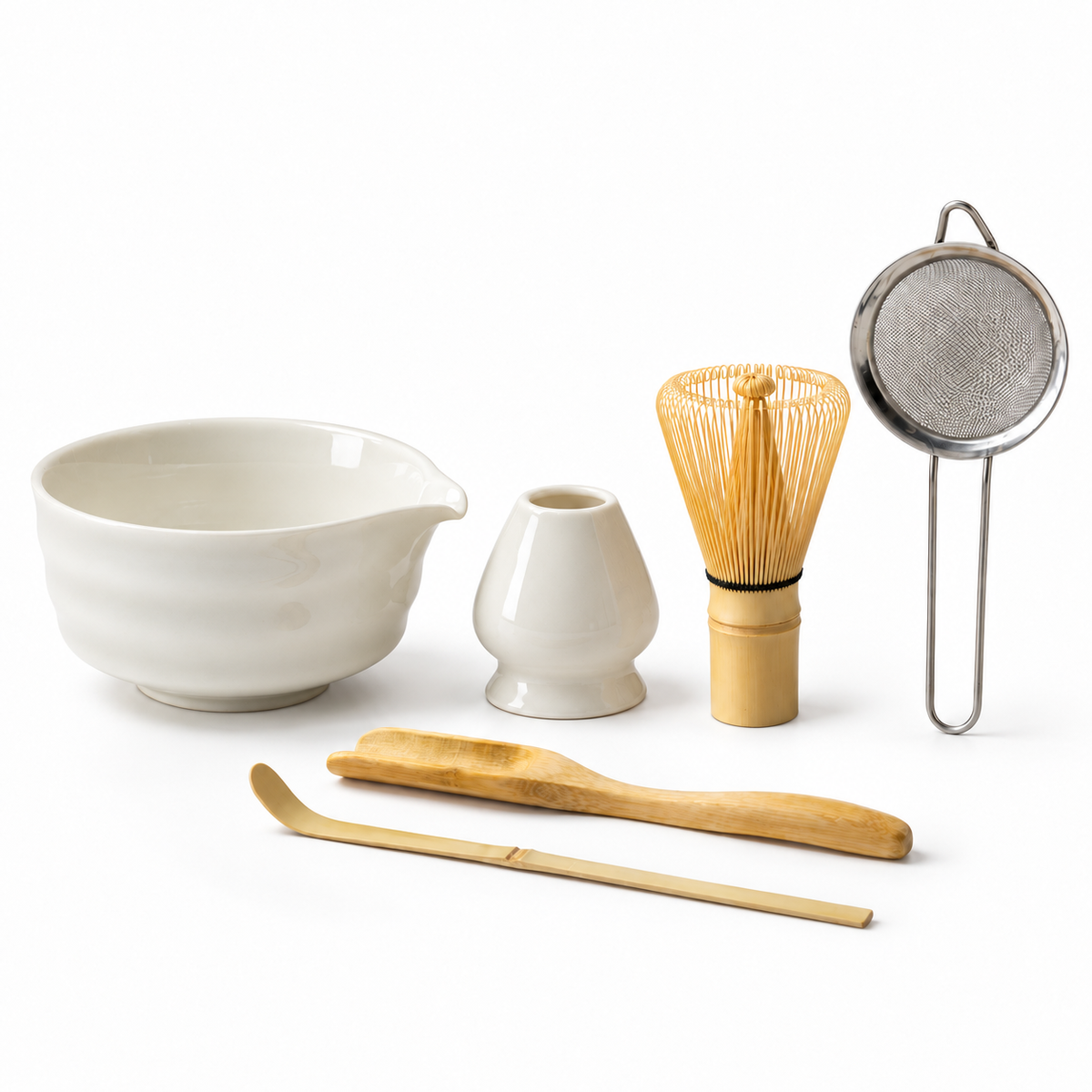 6-Piece Ribbed Matcha Set with Spouted Ceramic Bowl for Home Tea Rituals - Glossy White - main