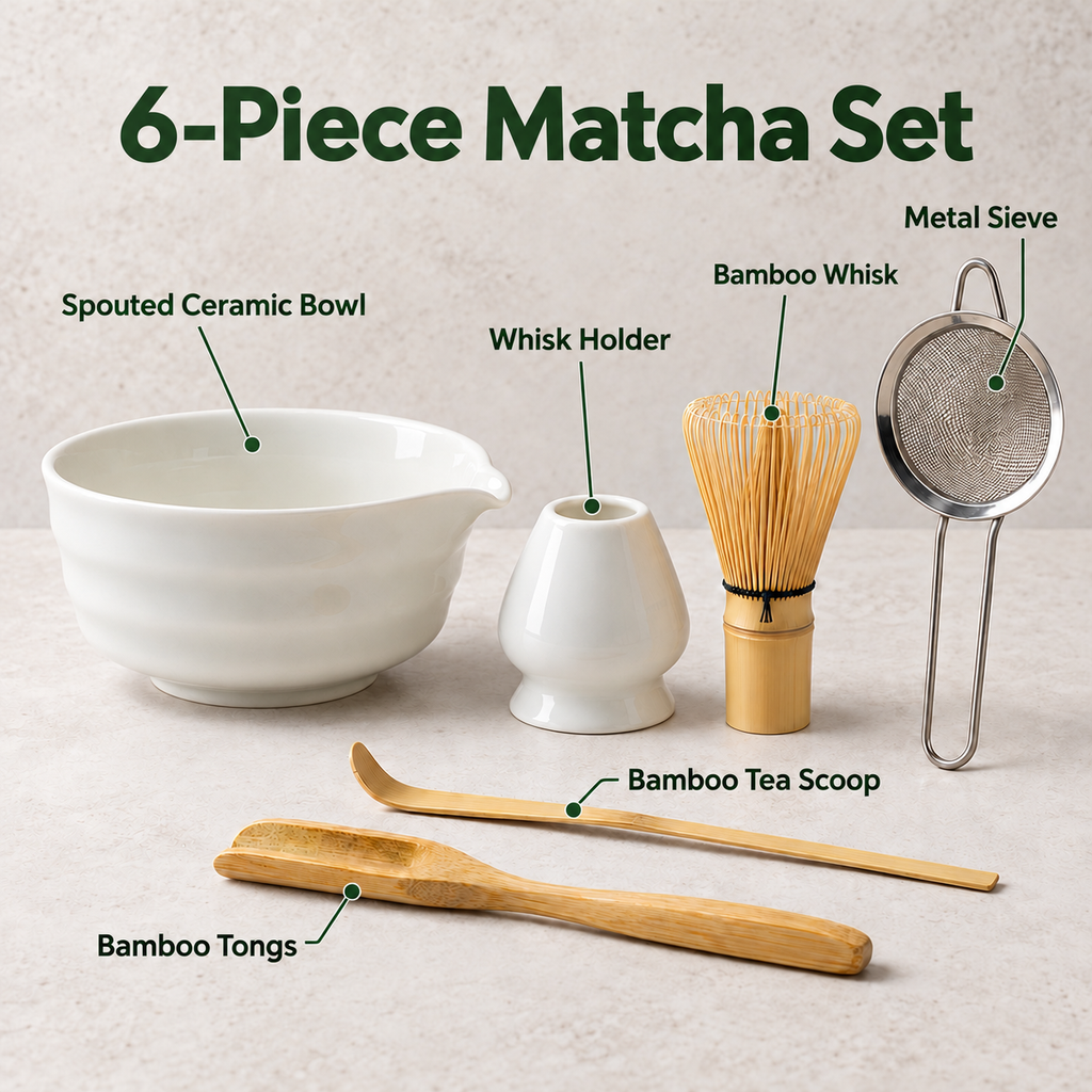 6-Piece Ribbed Matcha Set with Spouted Ceramic Bowl for Home Tea Rituals - Glossy White - feature