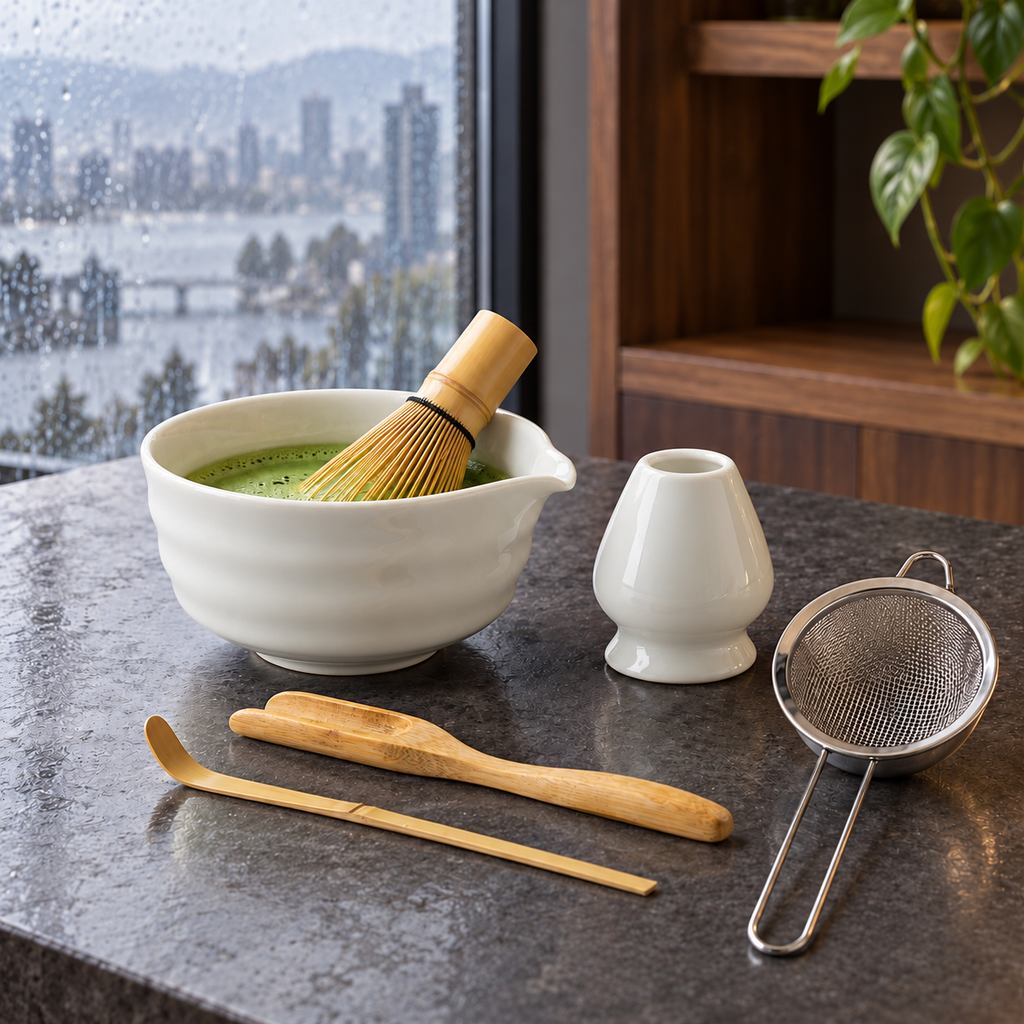 6-Piece Ribbed Matcha Set with Spouted Ceramic Bowl for Home Tea Rituals - Glossy White - lifestyle