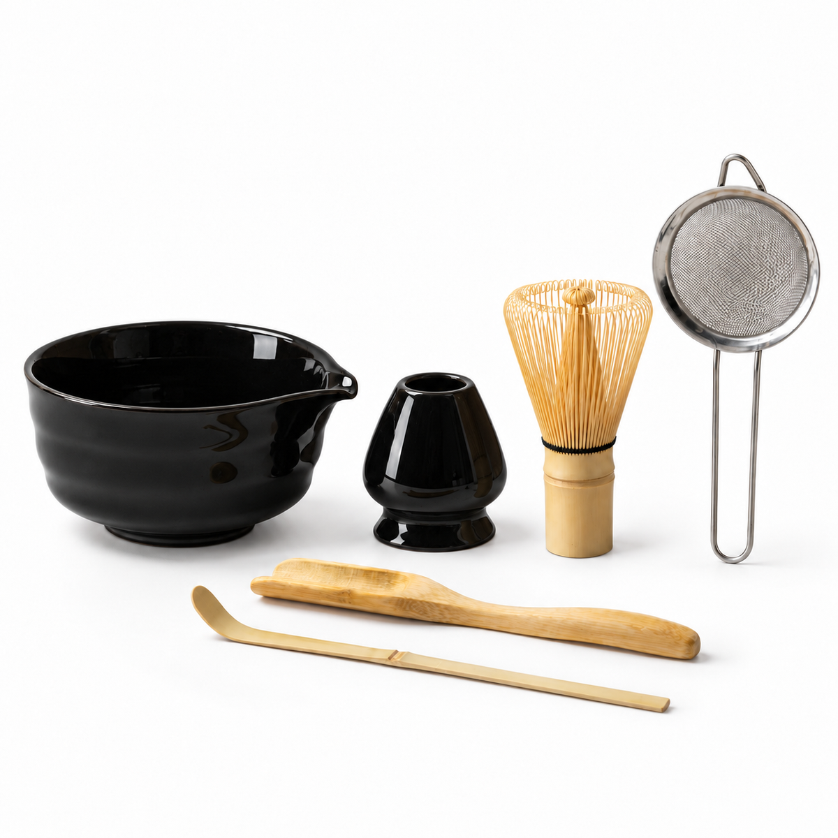 6-Piece Ribbed Matcha Set with Spouted Ceramic Bowl for Home Tea Rituals - Glossy Black - main