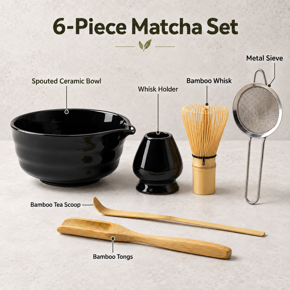 6-Piece Ribbed Matcha Set with Spouted Ceramic Bowl for Home Tea Rituals - Glossy Black - feature