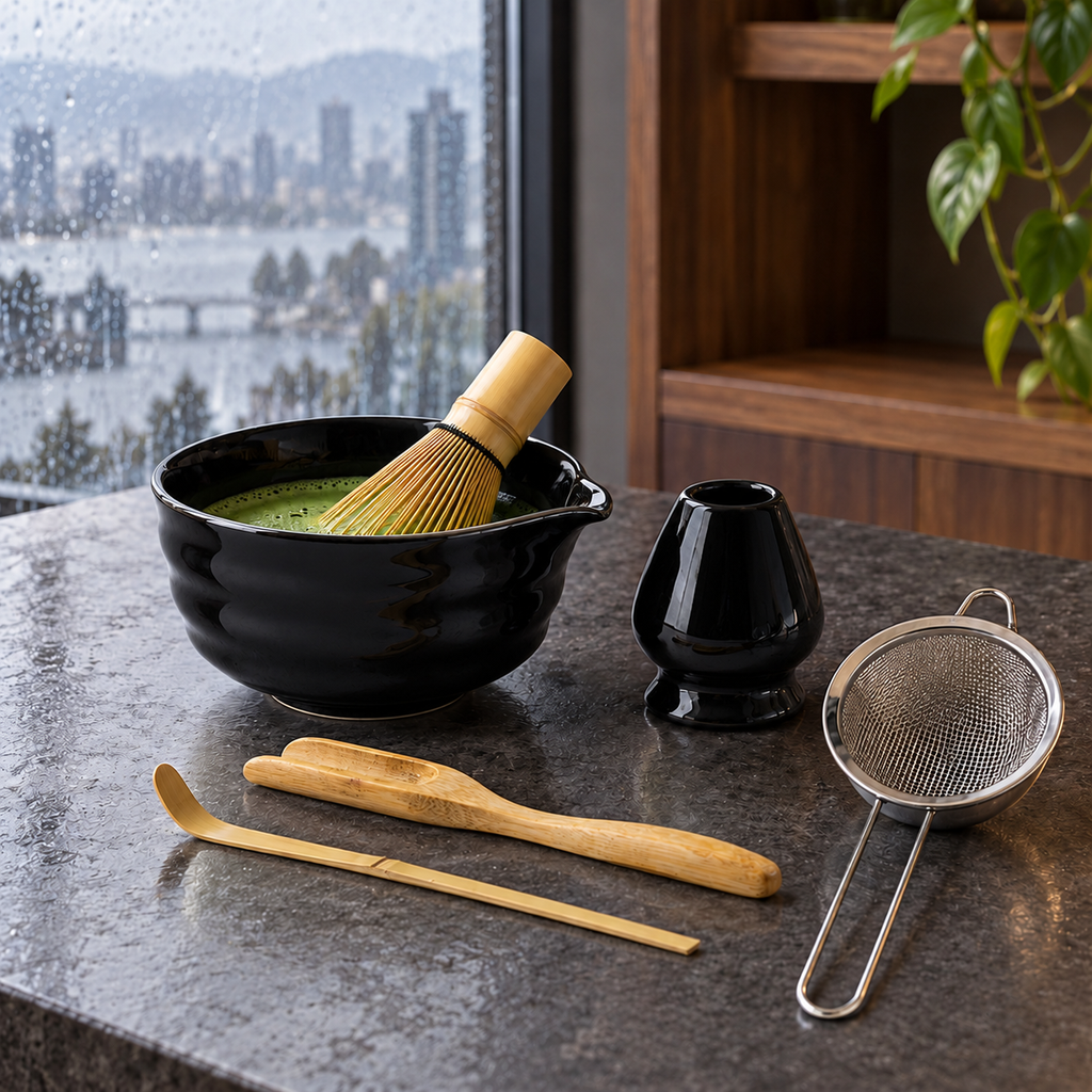 6-Piece Ribbed Matcha Set with Spouted Ceramic Bowl for Home Tea Rituals - Glossy Black - lifestyle