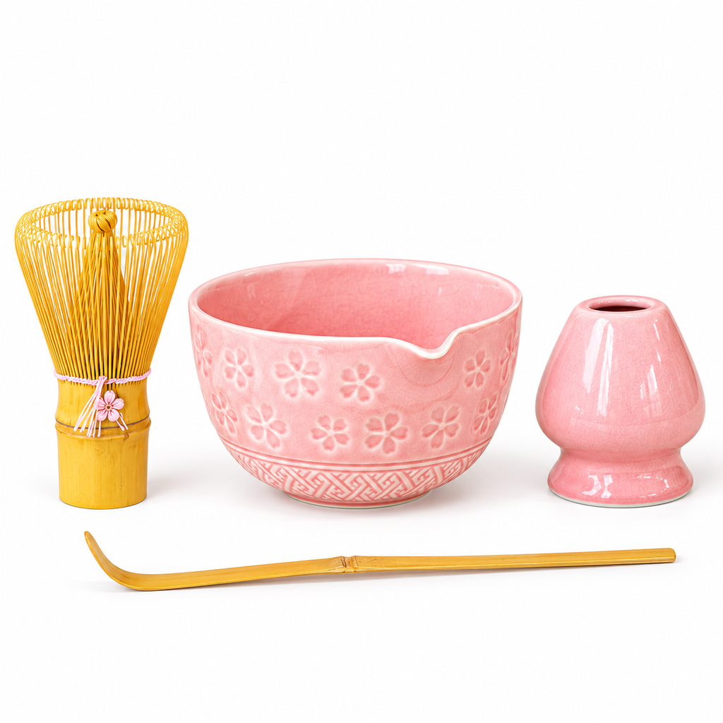 4-Piece Sakura Matcha Set with Spouted Ceramic Bowl for a Home Tea Ritual - Pink - main