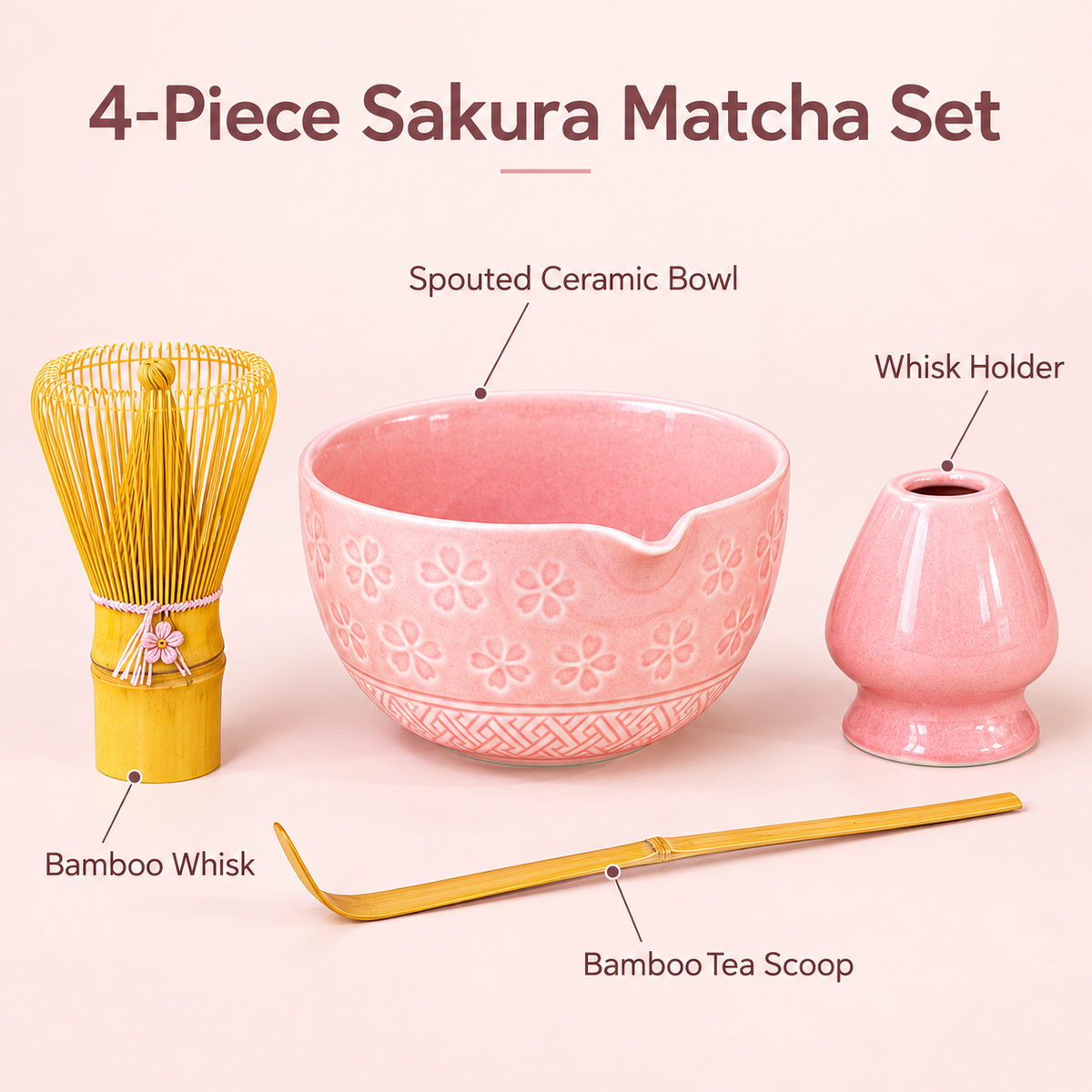 4-Piece Sakura Matcha Set with Spouted Ceramic Bowl for a Home Tea Ritual - Pink - feature