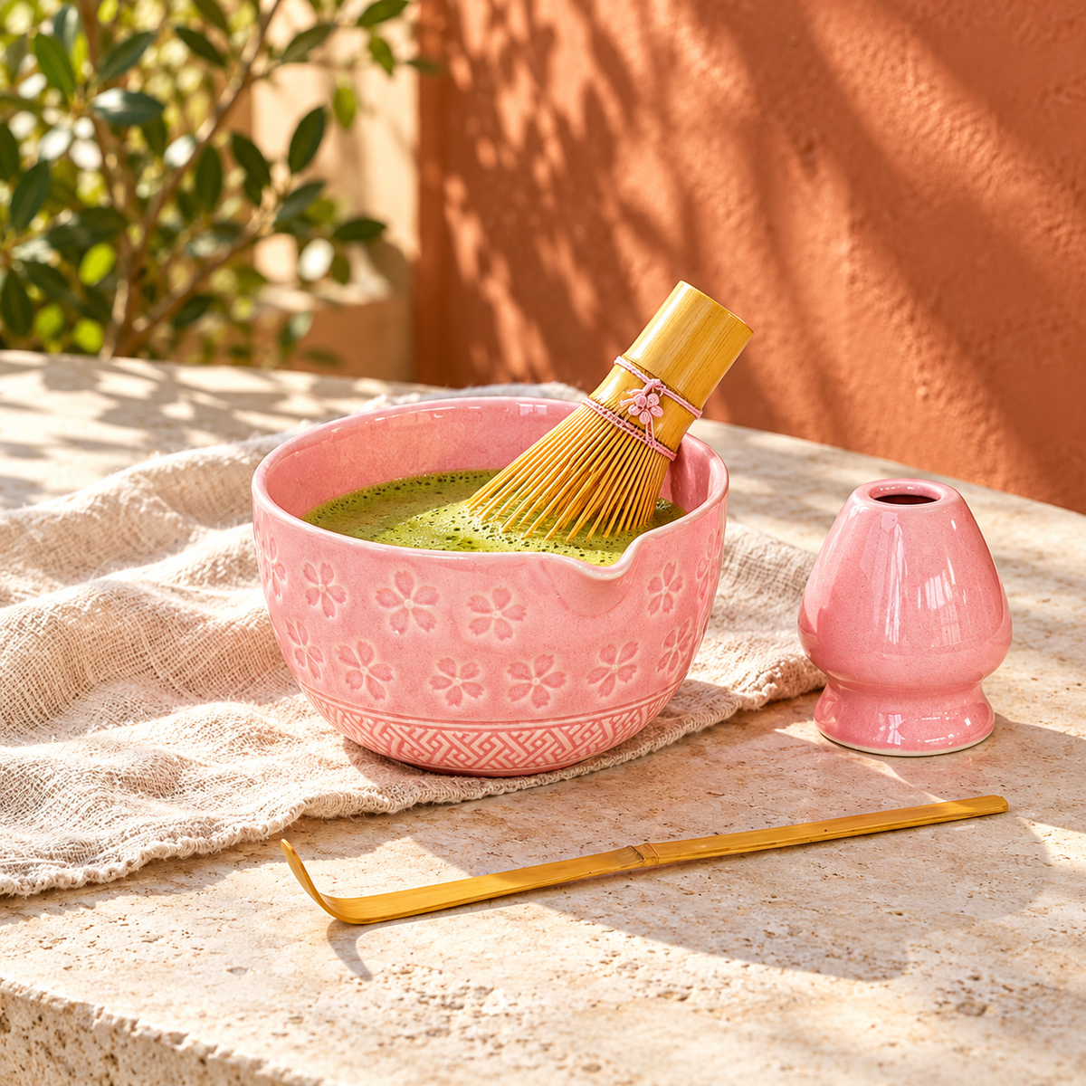 4-Piece Sakura Matcha Set with Spouted Ceramic Bowl for a Home Tea Ritual - Pink - lifestyle