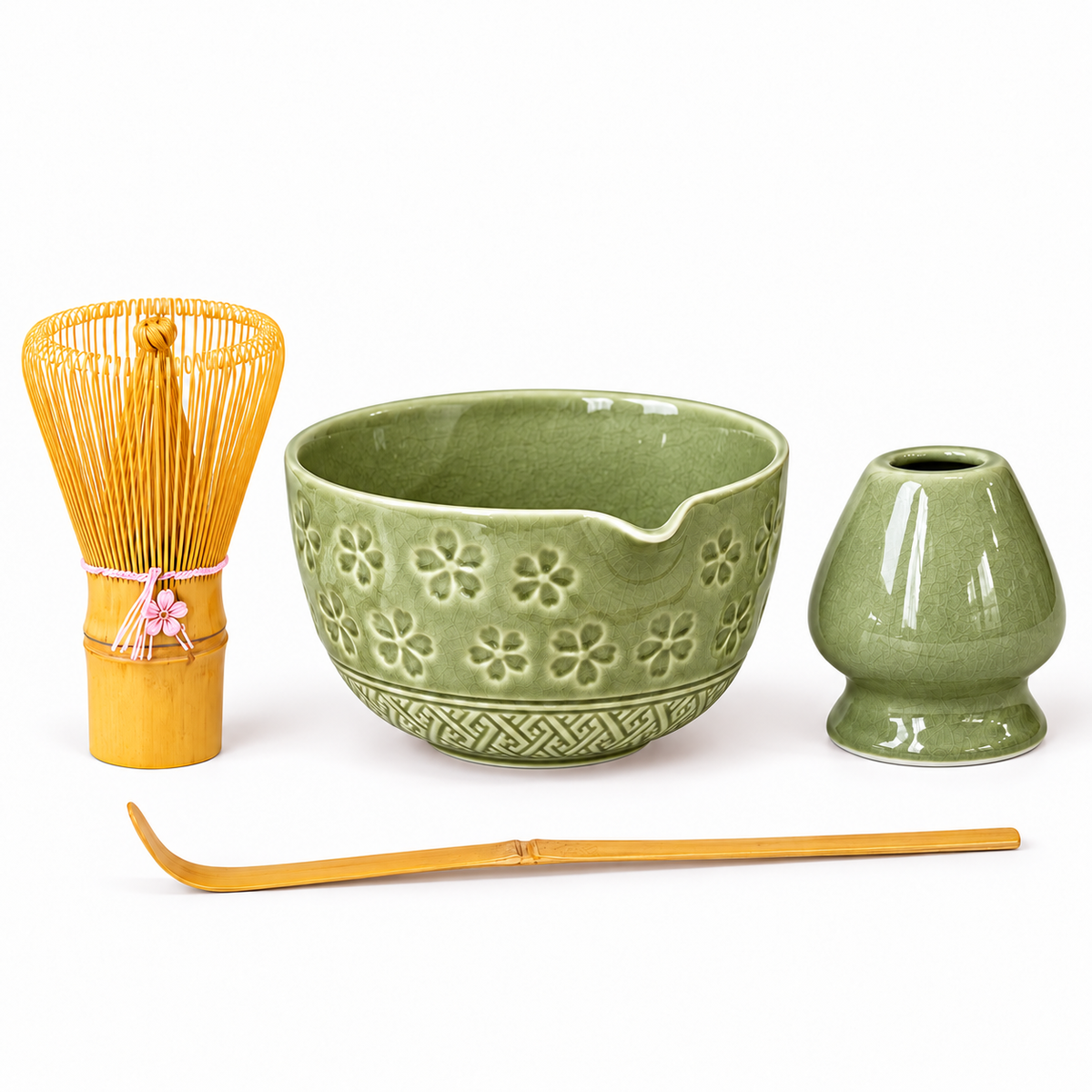 4-Piece Sakura Matcha Set with Spouted Ceramic Bowl for a Home Tea Ritual - Matcha Green - main