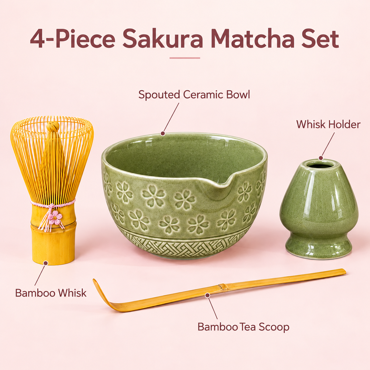 4-Piece Sakura Matcha Set with Spouted Ceramic Bowl for a Home Tea Ritual - Matcha Green - feature