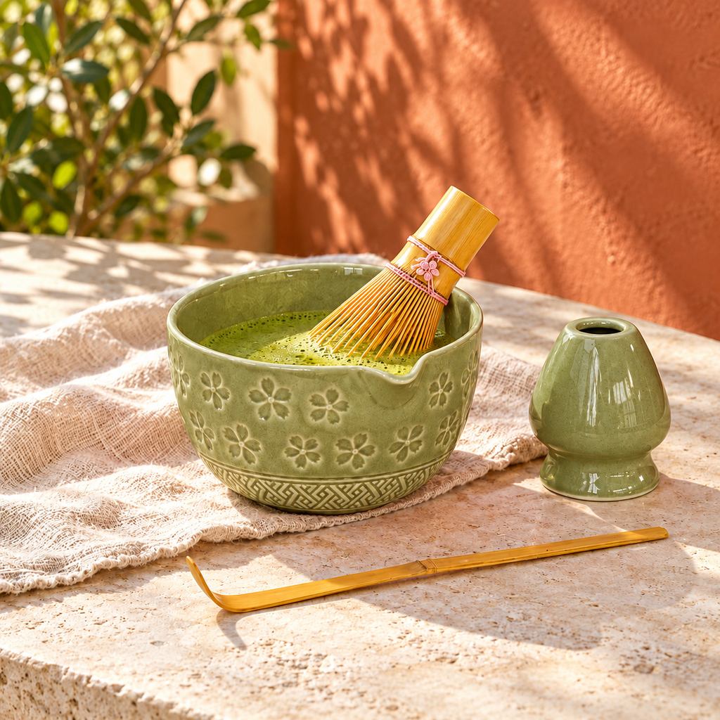 4-Piece Sakura Matcha Set with Spouted Ceramic Bowl for a Home Tea Ritual - Matcha Green - lifestyle