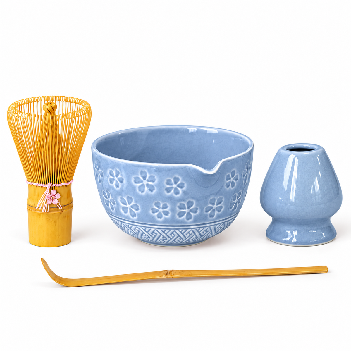 4-Piece Sakura Matcha Set with Spouted Ceramic Bowl for a Home Tea Ritual - Blue - main