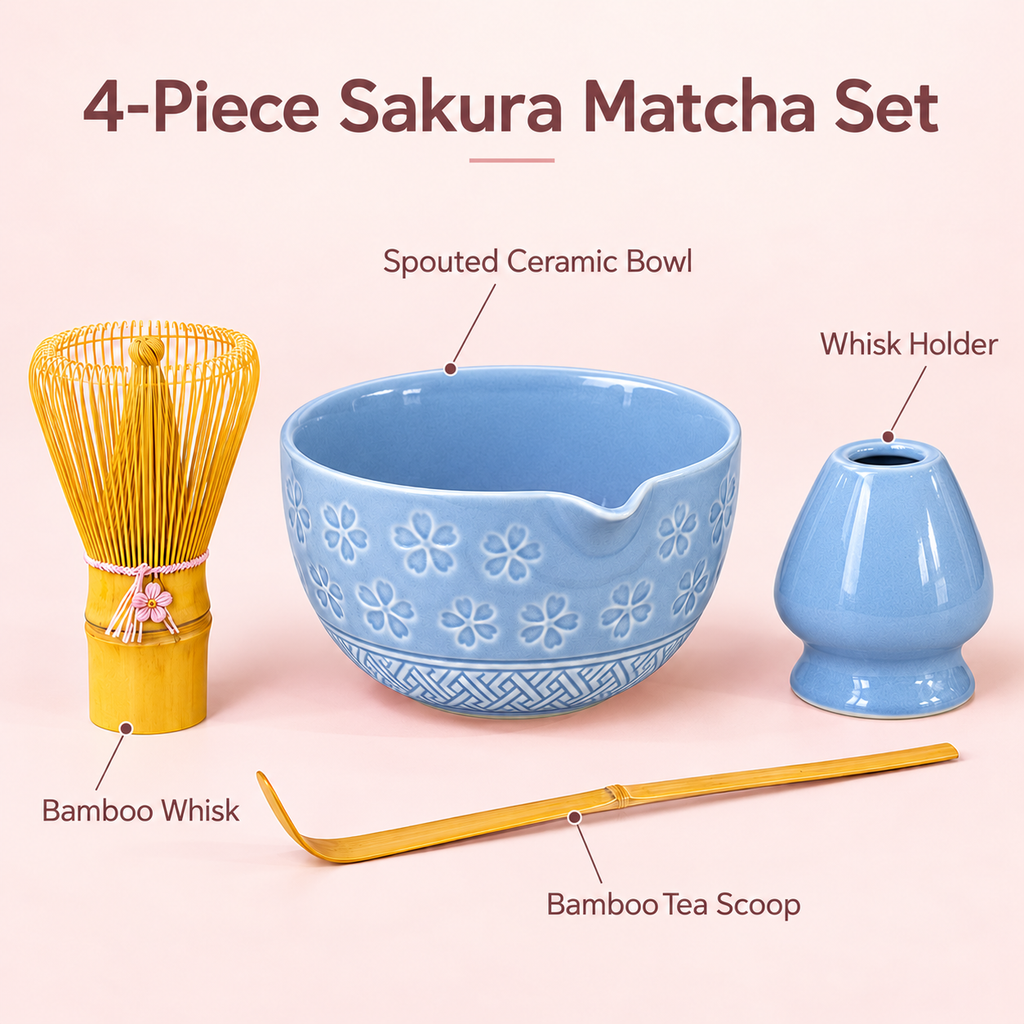 4-Piece Sakura Matcha Set with Spouted Ceramic Bowl for a Home Tea Ritual - Blue - feature
