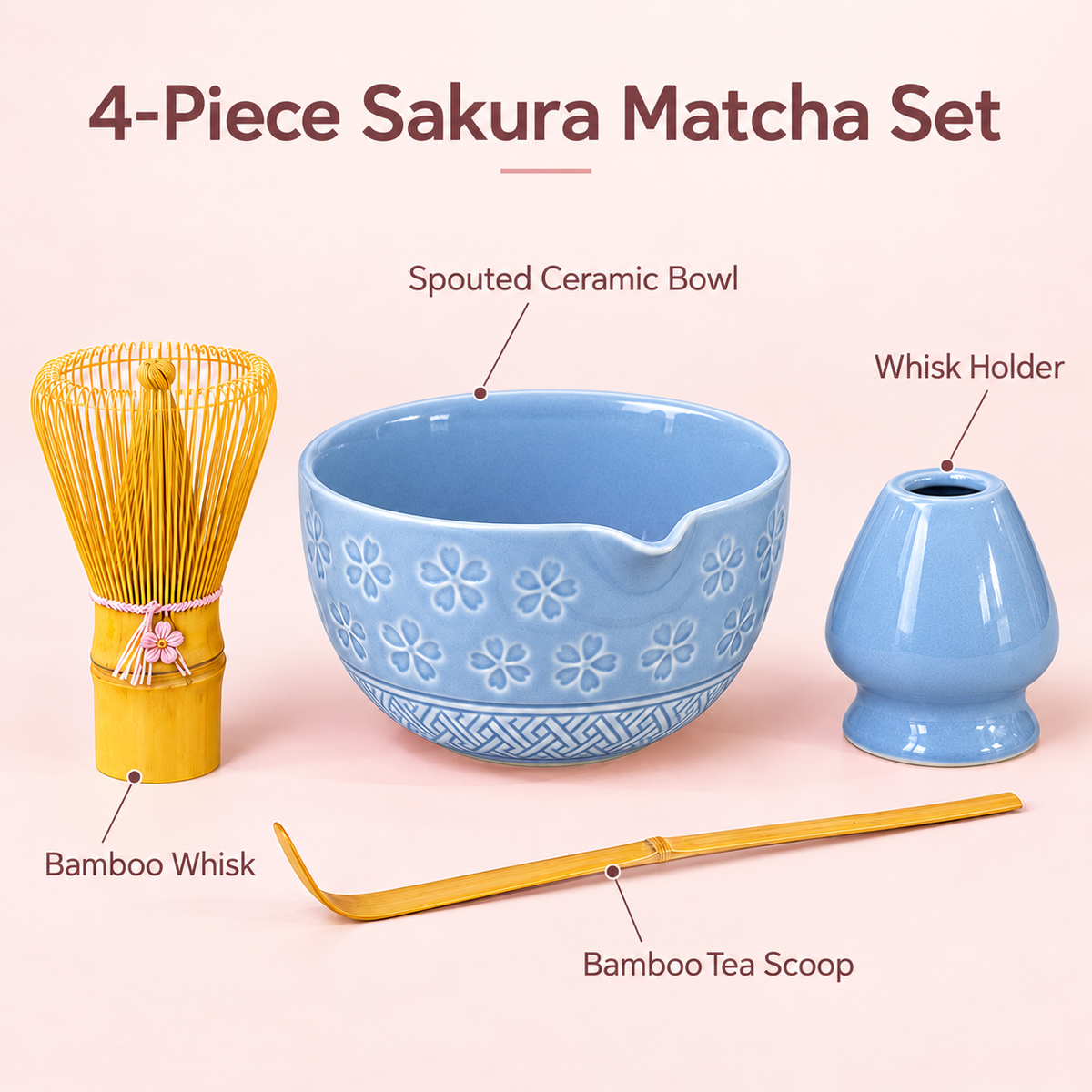 4-Piece Sakura Matcha Set with Spouted Ceramic Bowl for a Home Tea Ritual - Blue - feature