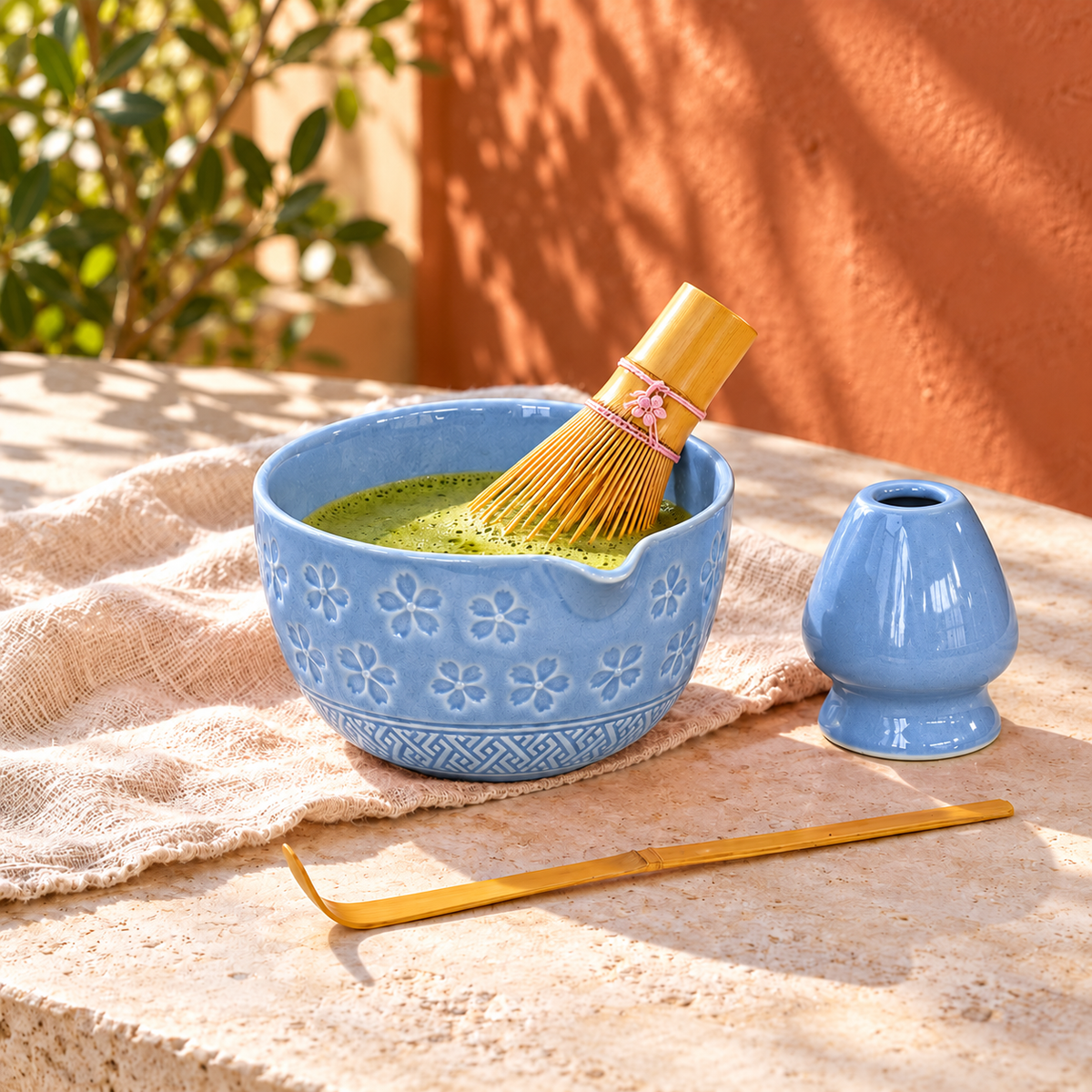 4-Piece Sakura Matcha Set with Spouted Ceramic Bowl for a Home Tea Ritual - Blue - lifestyle