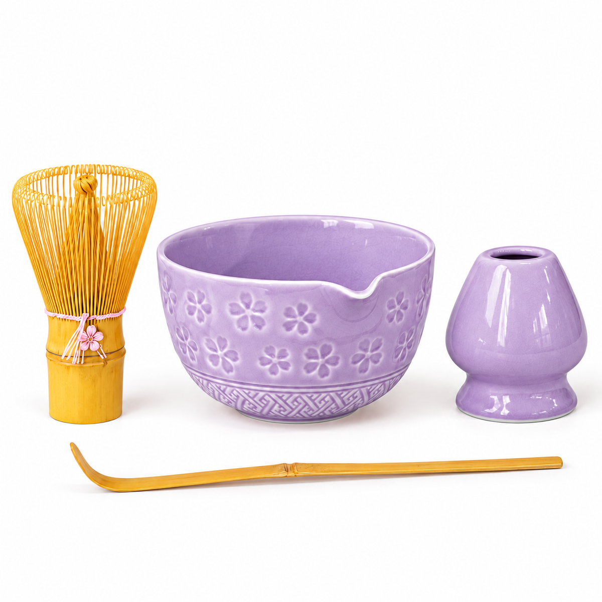 4-Piece Sakura Matcha Set with Spouted Ceramic Bowl for a Home Tea Ritual - Purple - main