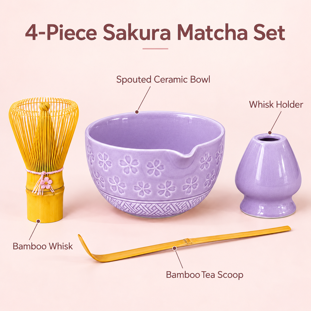 4-Piece Sakura Matcha Set with Spouted Ceramic Bowl for a Home Tea Ritual - Purple - feature