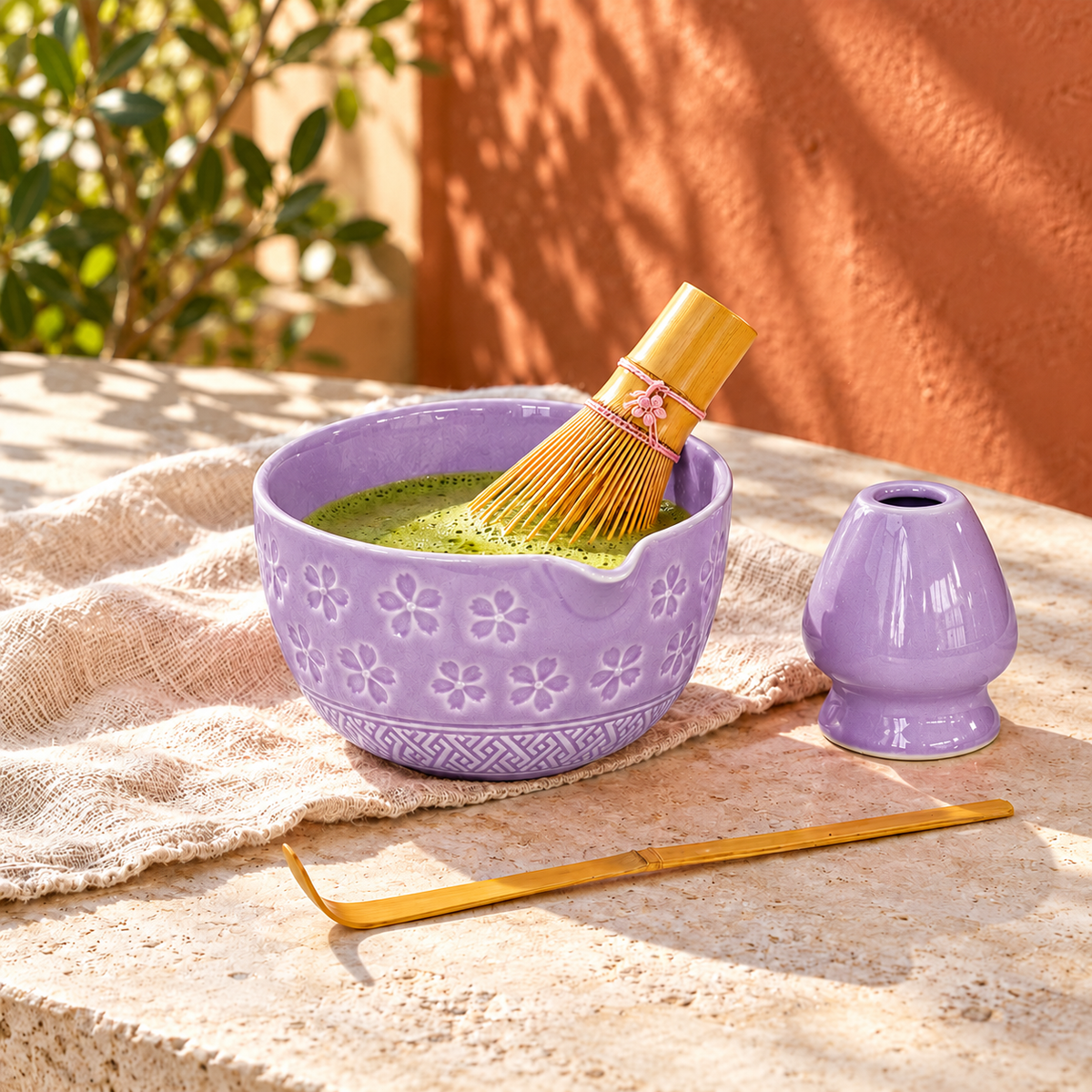 4-Piece Sakura Matcha Set with Spouted Ceramic Bowl for a Home Tea Ritual - Purple - lifestyle