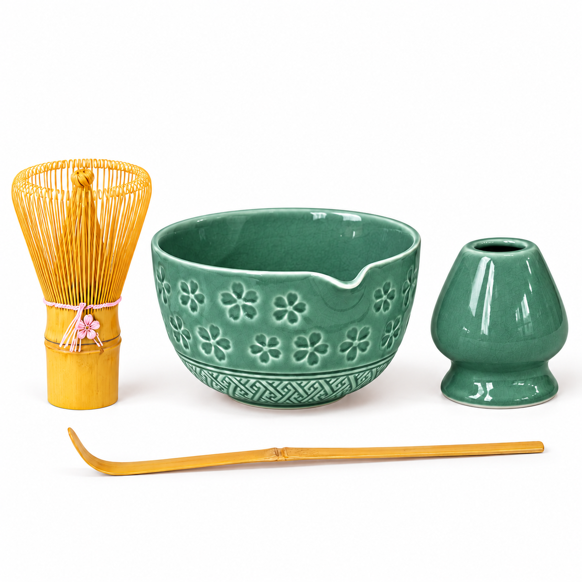 4-Piece Sakura Matcha Set with Spouted Ceramic Bowl for a Home Tea Ritual - Green - main