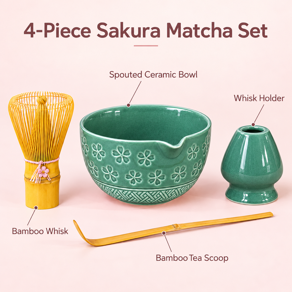 4-Piece Sakura Matcha Set with Spouted Ceramic Bowl for a Home Tea Ritual - Green - feature
