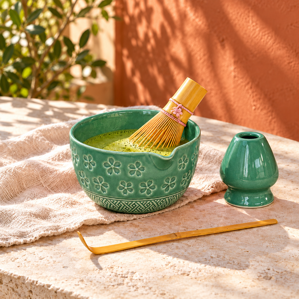 4-Piece Sakura Matcha Set with Spouted Ceramic Bowl for a Home Tea Ritual - Green - lifestyle
