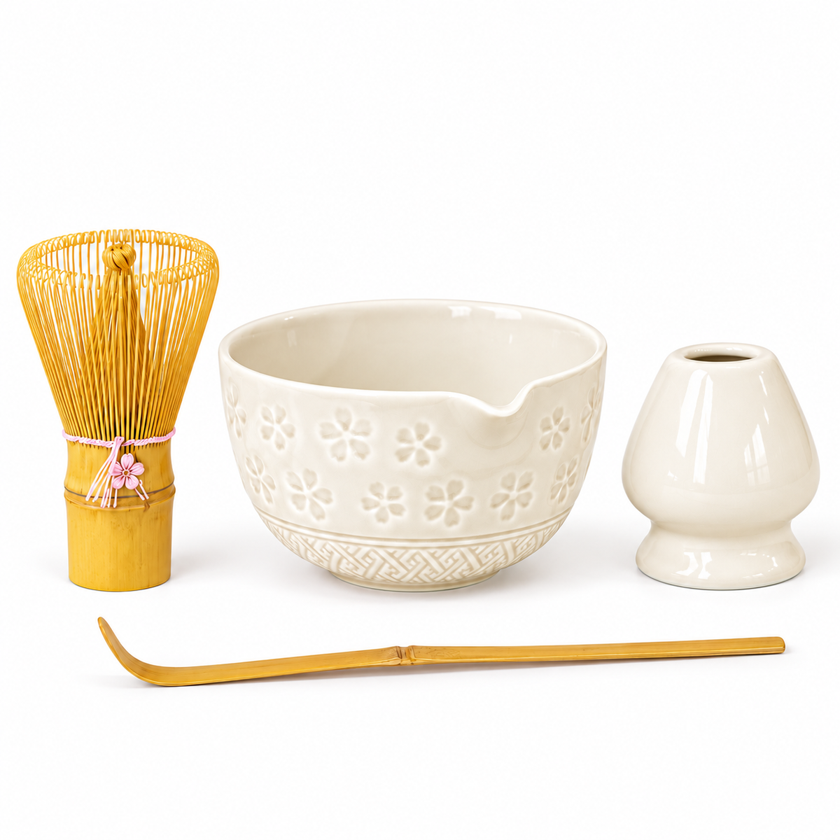 4-Piece Sakura Matcha Set with Spouted Ceramic Bowl for a Home Tea Ritual - White - main