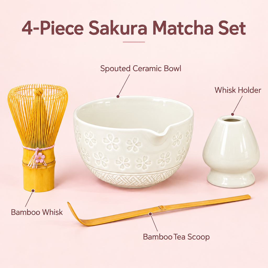 4-Piece Sakura Matcha Set with Spouted Ceramic Bowl for a Home Tea Ritual - White - feature