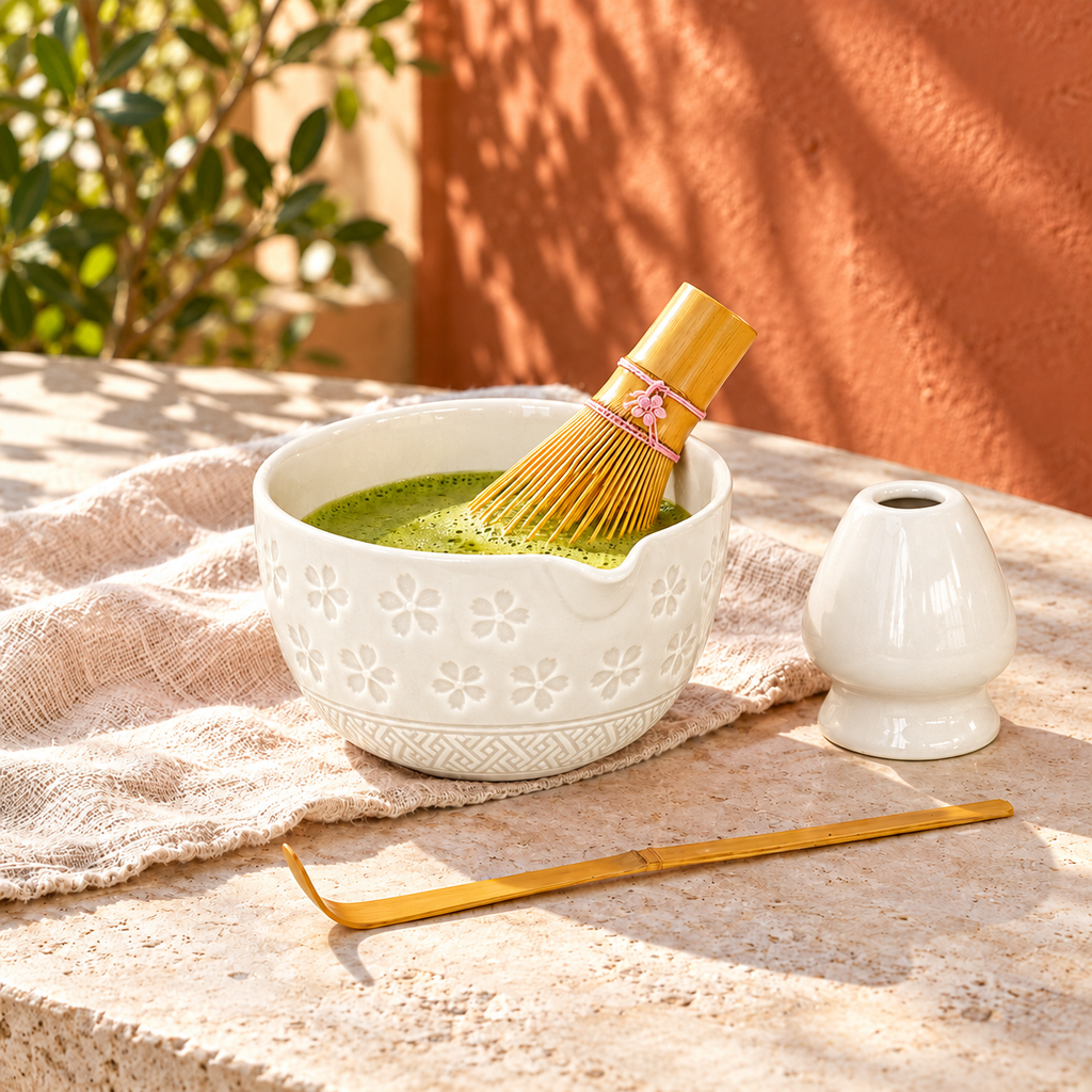 4-Piece Sakura Matcha Set with Spouted Ceramic Bowl for a Home Tea Ritual - White - lifestyle