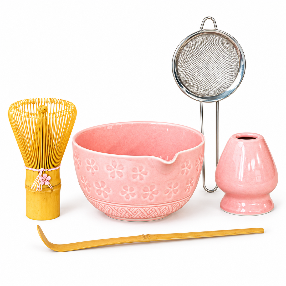 5-Piece Sakura Matcha Set with Spouted Ceramic Bowl for a Home Tea Ritual - Pink - main