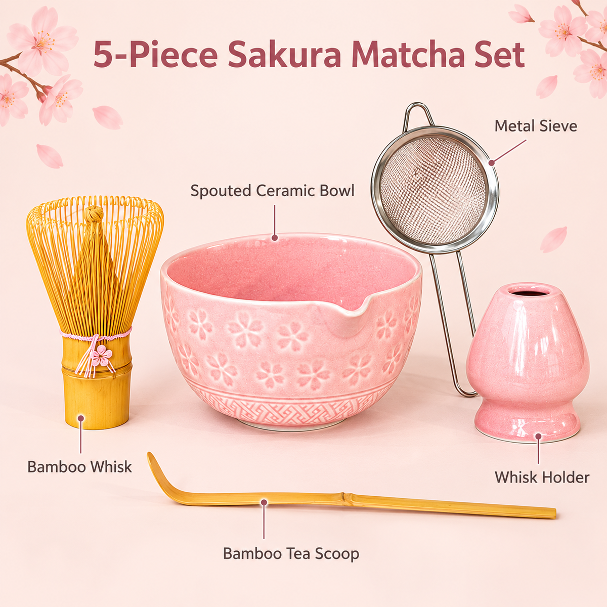 5-Piece Sakura Matcha Set with Spouted Ceramic Bowl for a Home Tea Ritual - Pink - feature