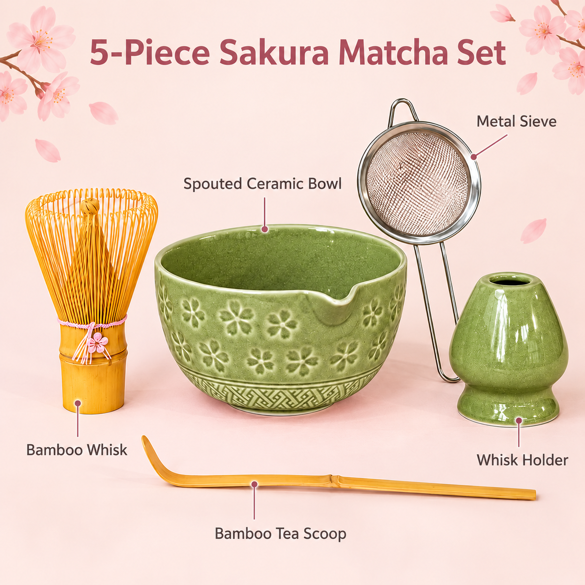 5-Piece Sakura Matcha Set with Spouted Ceramic Bowl for a Home Tea Ritual - Matcha Green - feature