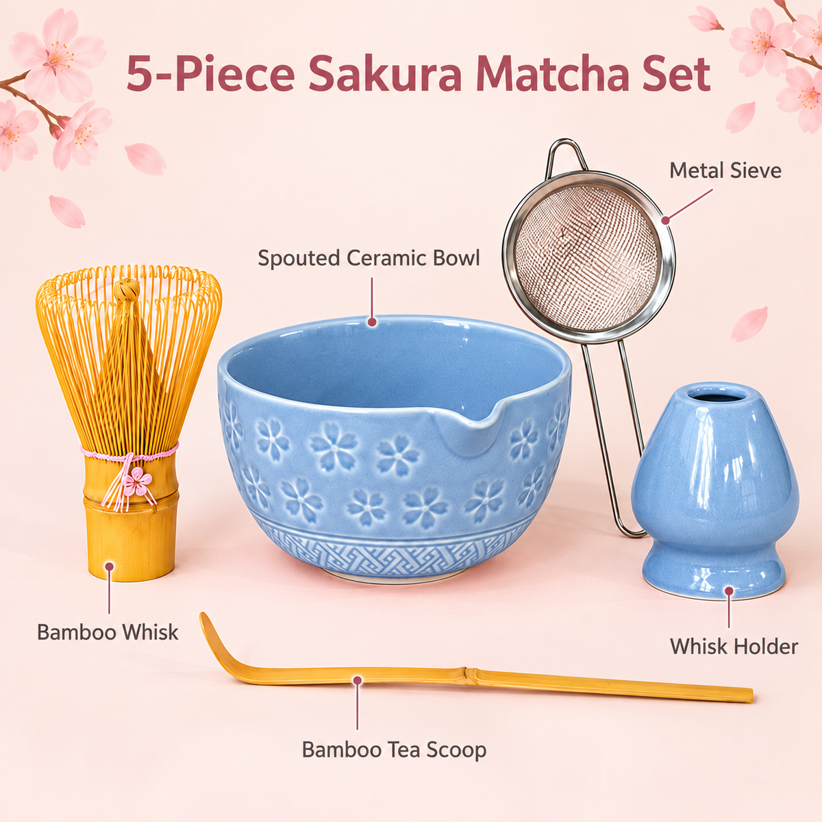 5-Piece Sakura Matcha Set with Spouted Ceramic Bowl for a Home Tea Ritual - Blue - feature