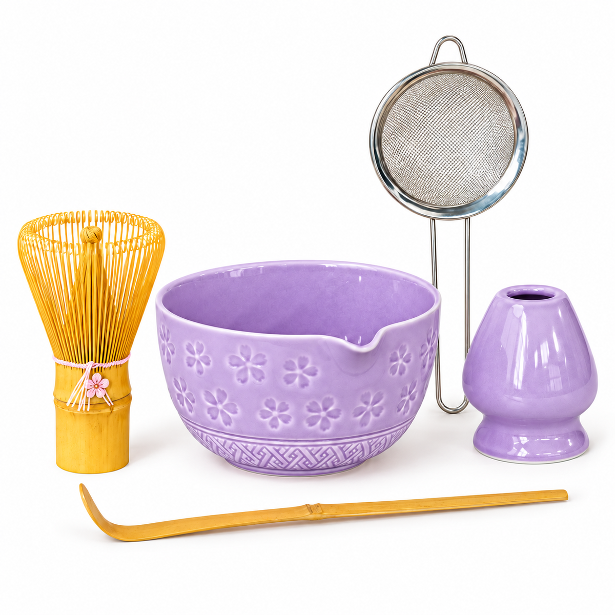 5-Piece Sakura Matcha Set with Spouted Ceramic Bowl for a Home Tea Ritual - Purple - main