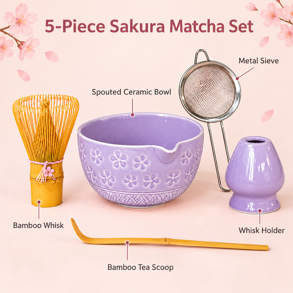 5-Piece Sakura Matcha Set with Spouted Ceramic Bowl for a Home Tea Ritual - Purple - feature