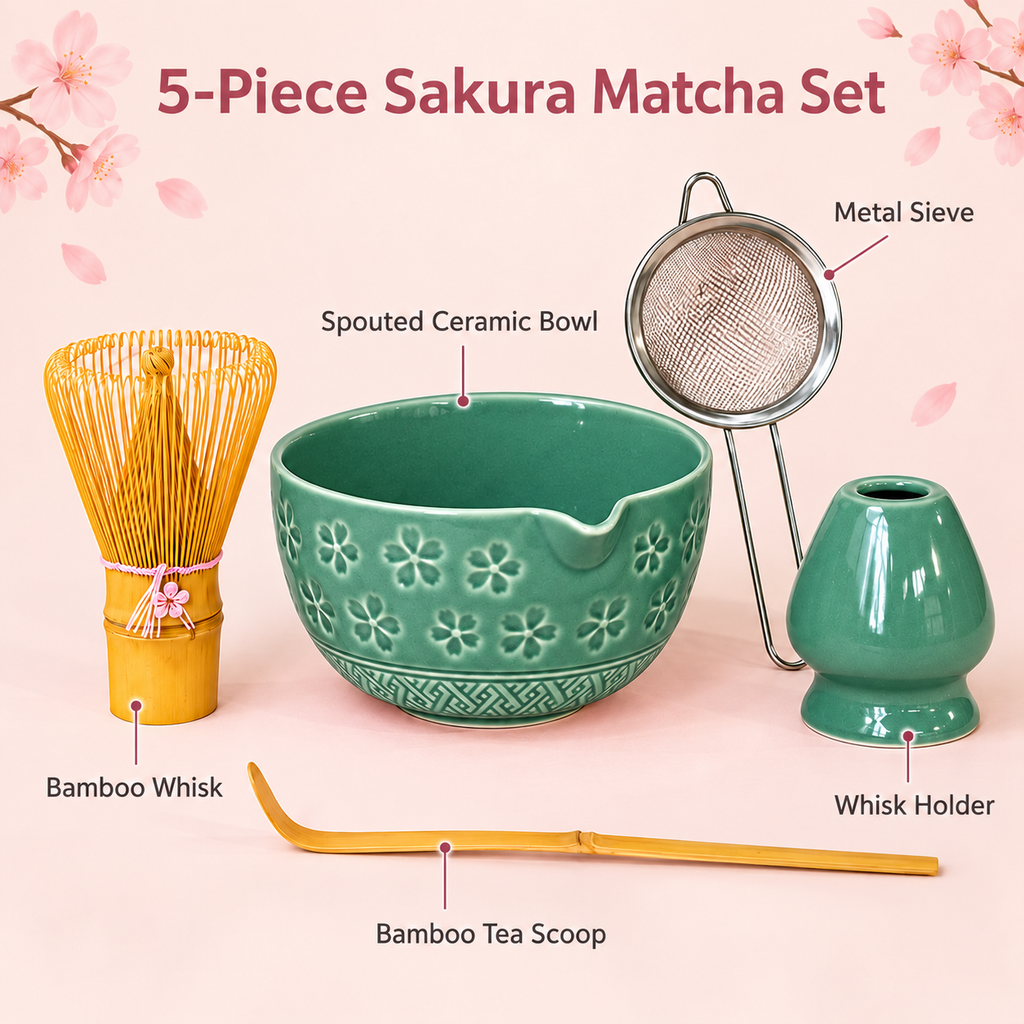 5-Piece Sakura Matcha Set with Spouted Ceramic Bowl for a Home Tea Ritual - Green - feature